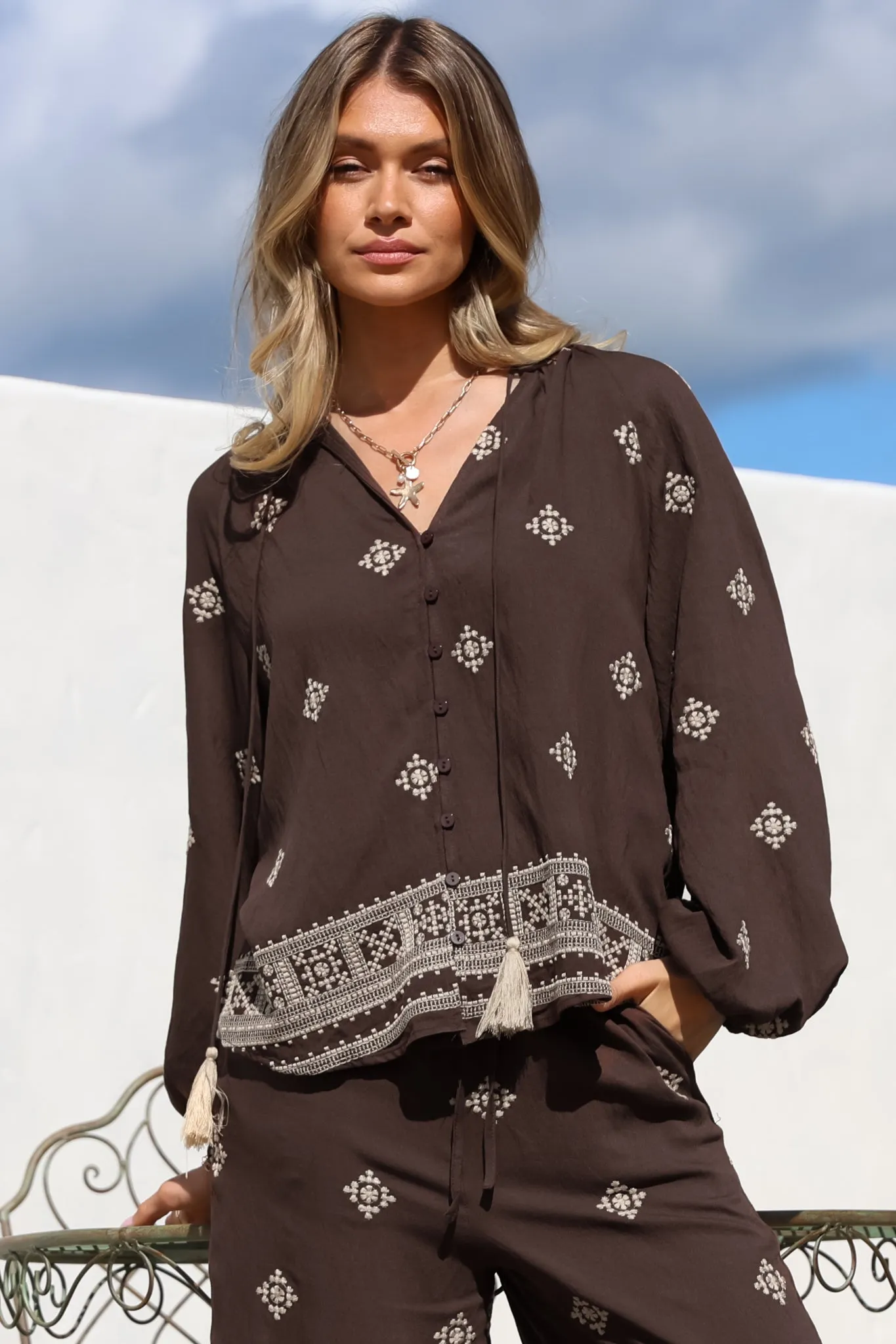 Elowen Blouse - Mandarin Collar Button Down with Neck Tie and Tassels in Vesper Print Brown sold by Salty Crush