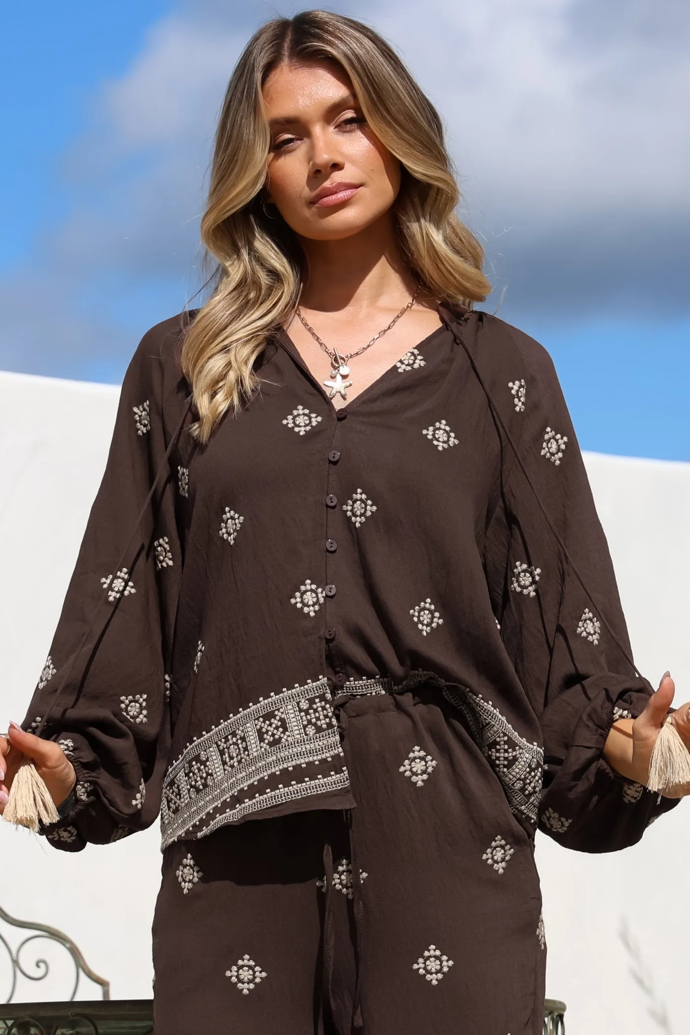 Elowen Blouse - Mandarin Collar Button Down with Neck Tie and Tassels in Vesper Print Brown sold by Salty Crush product image thumbnail 2