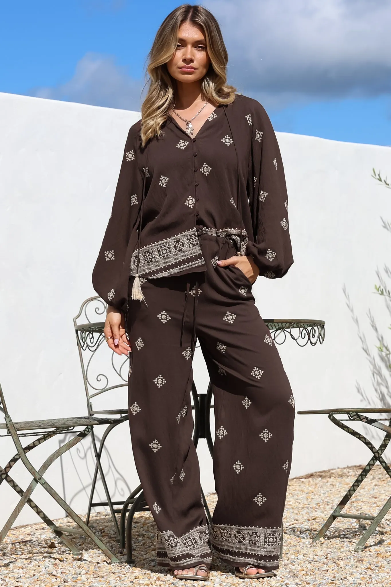 Elowen Blouse - Mandarin Collar Button Down with Neck Tie and Tassels in Vesper Print Brown sold by Salty Crush product image thumbnail 3