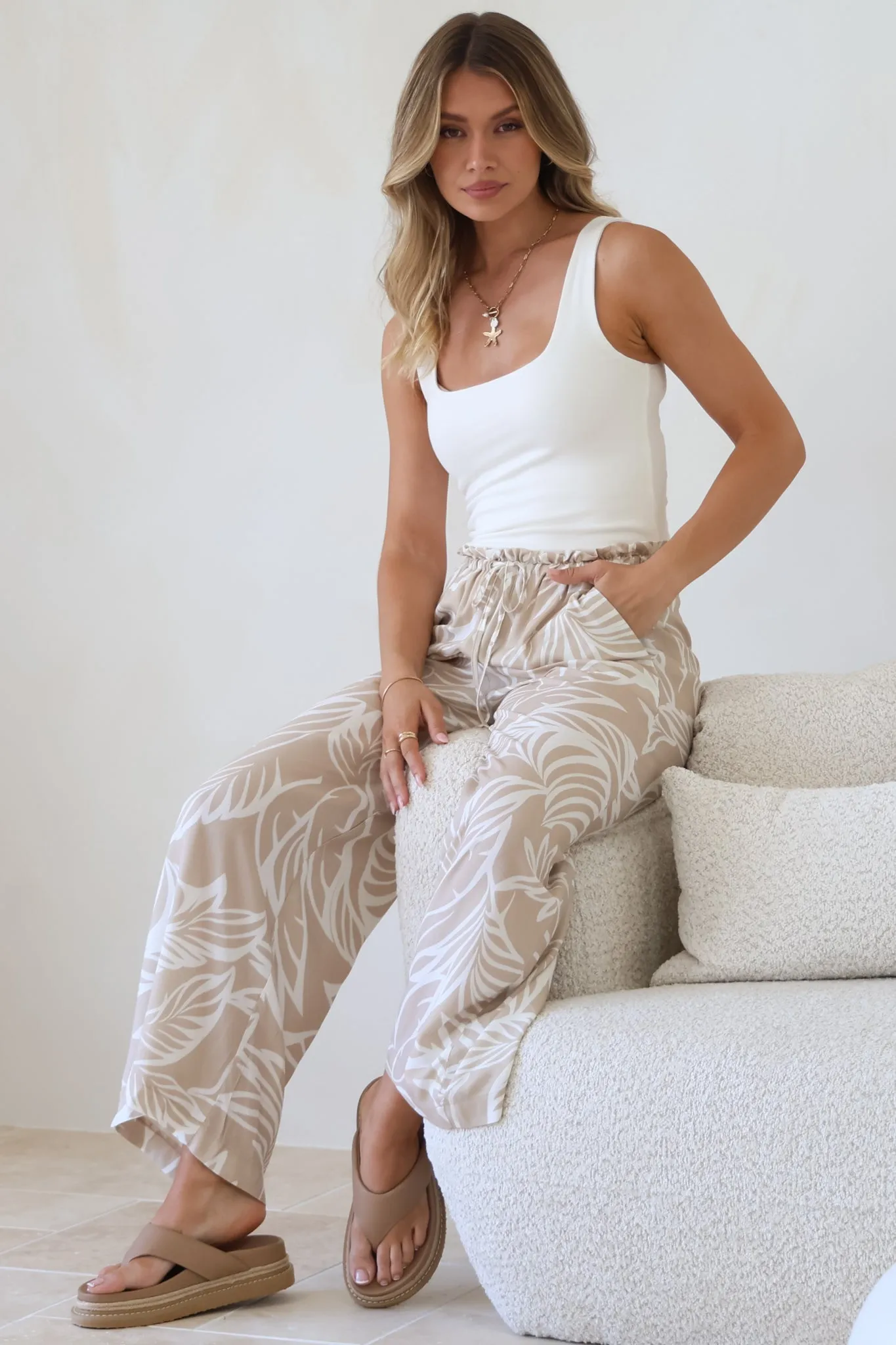 Armon Pants - Paper Bag Waist With Tie Wide Leg Pants In Jeani Print Beige sold by Salty Crush product image thumbnail 4