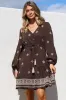 Rylie Mini Dress - Embroidered Long Sleeve Dress with Pull Tie Waist in Vesper Print Brown sold by Salty Crush