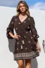 Rylie Mini Dress - Embroidered Long Sleeve Dress with Pull Tie Waist in Vesper Print Brown sold by Salty Crush