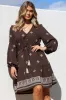 Rylie Mini Dress - Embroidered Long Sleeve Dress with Pull Tie Waist in Vesper Print Brown sold by Salty Crush
