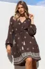 Rylie Mini Dress - Embroidered Long Sleeve Dress with Pull Tie Waist in Vesper Print Brown sold by Salty Crush