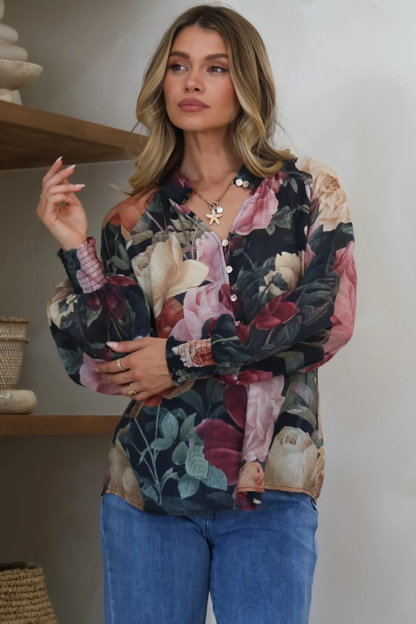 Adora Top - Mandarin Collar Button-Down with Long Balloon Sleeves in Annalisa Print sold by Salty Crush product image thumbnail 4