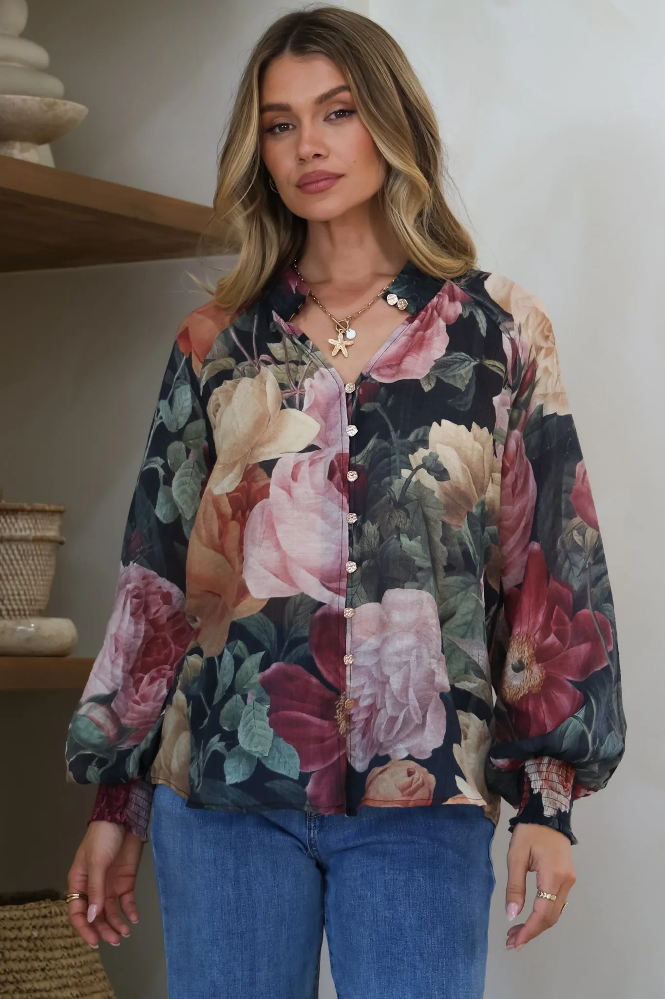 Adora Top - Mandarin Collar Button-Down with Long Balloon Sleeves in Annalisa Print sold by Salty Crush product image thumbnail 2
