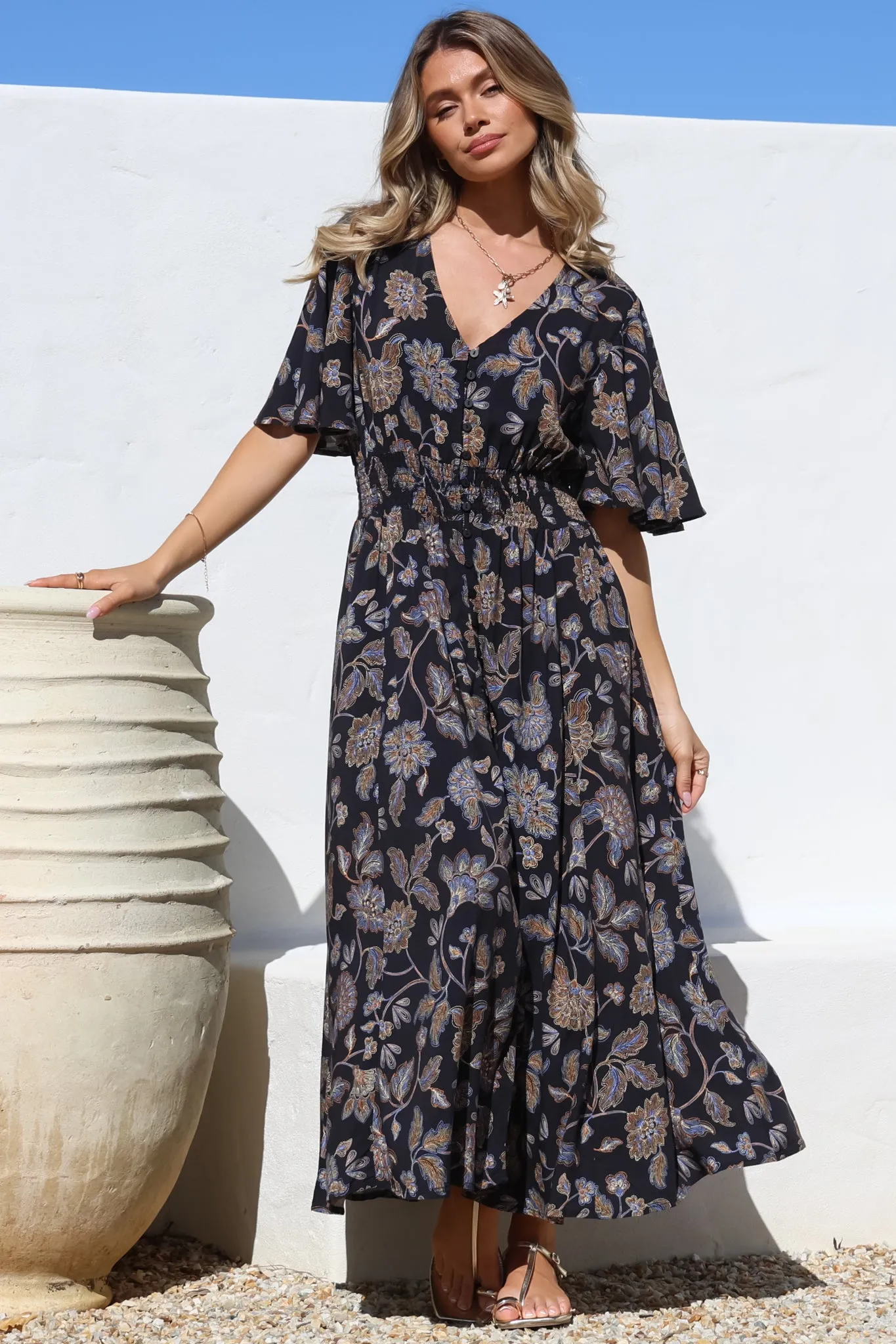 Dulcie Maxi Dress - Cape Sleeve Button-Down Maxi with Pockets in Enchanted Ink Print sold by Salty Crush