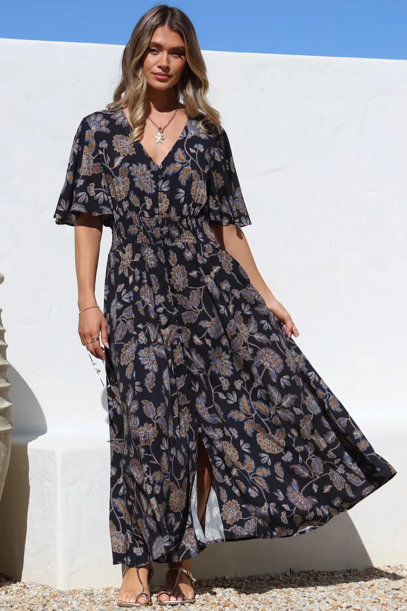 Dulcie Maxi Dress - Cape Sleeve Button-Down Maxi with Pockets in Enchanted Ink Print sold by Salty Crush product image thumbnail 4
