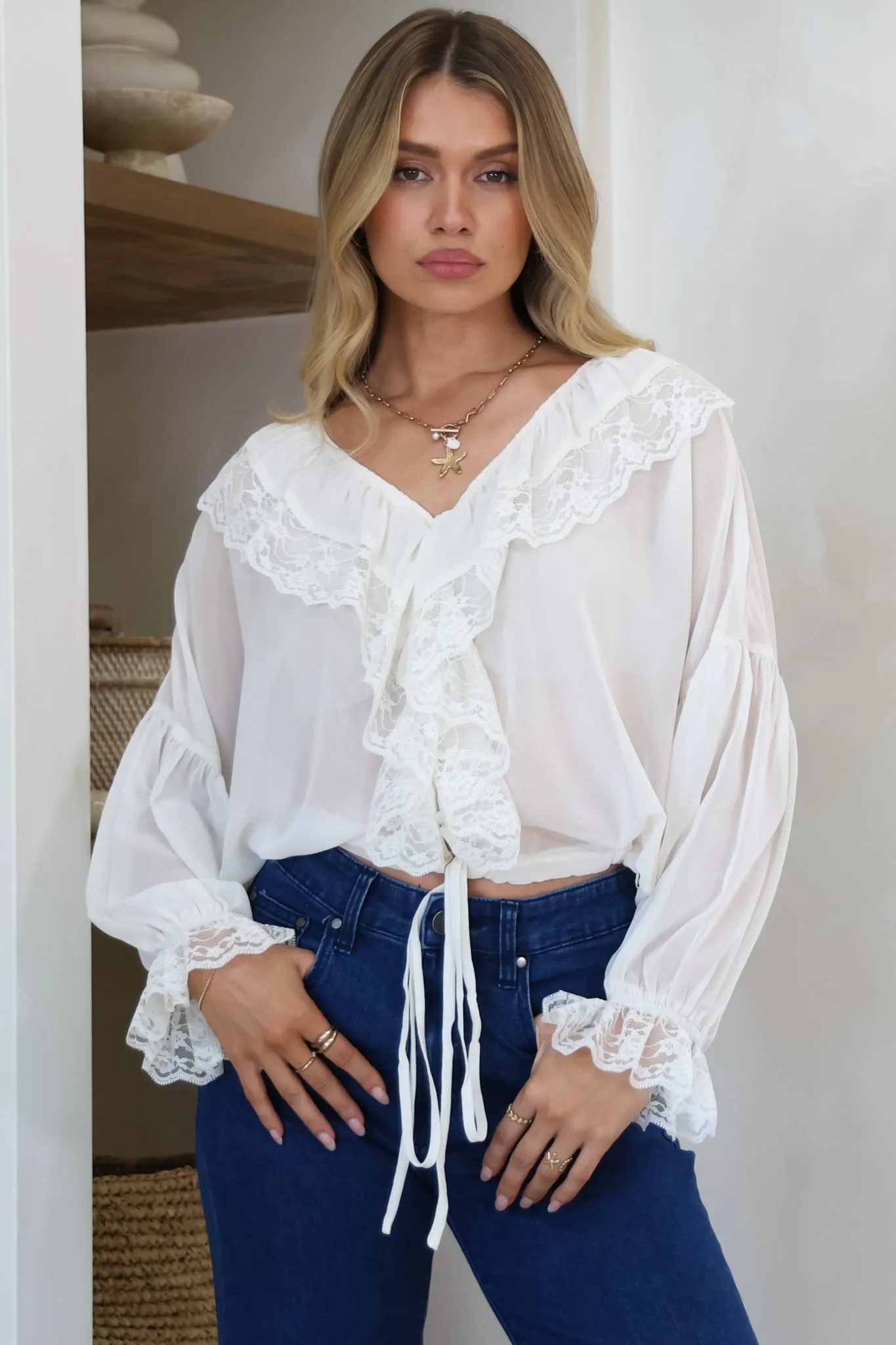 Mallin Blouse - Cascading Ruffles and Lace Crop with Balloon Sleeves in White sold by Salty Crush