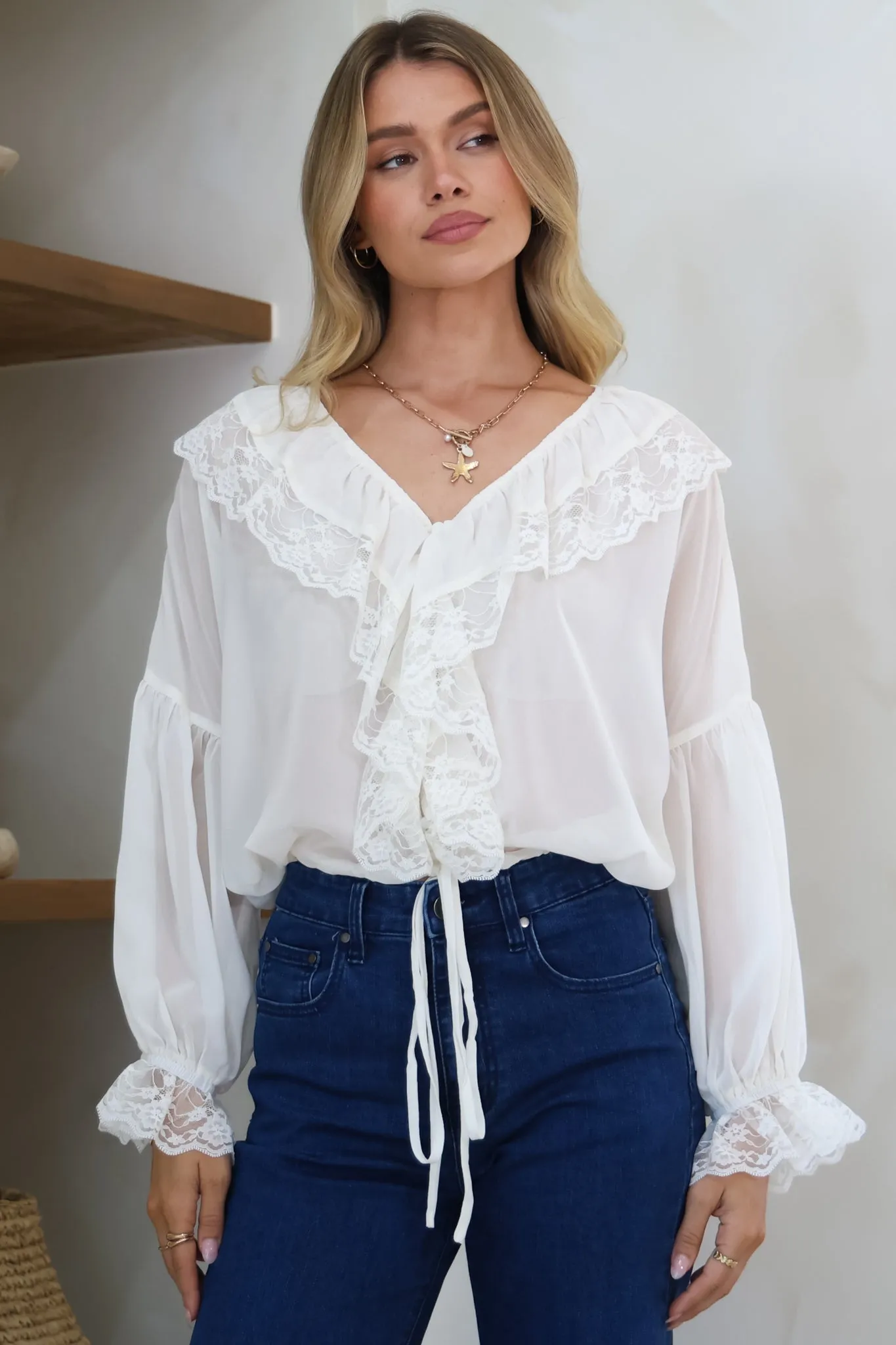 Mallin Blouse - Cascading Ruffles and Lace Crop with Balloon Sleeves in White sold by Salty Crush product image thumbnail 4