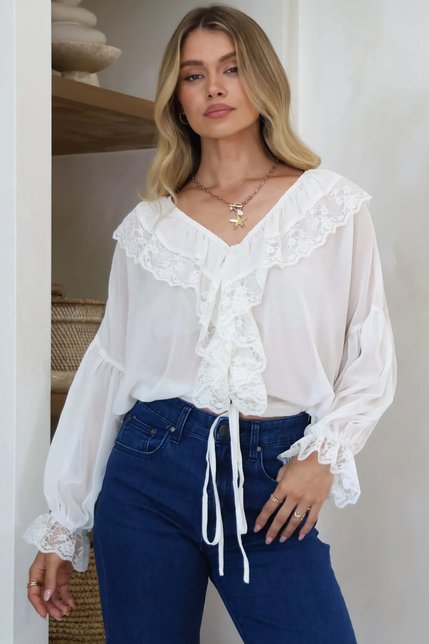 Mallin Blouse - Cascading Ruffles and Lace Crop with Balloon Sleeves in White sold by Salty Crush product image thumbnail 5