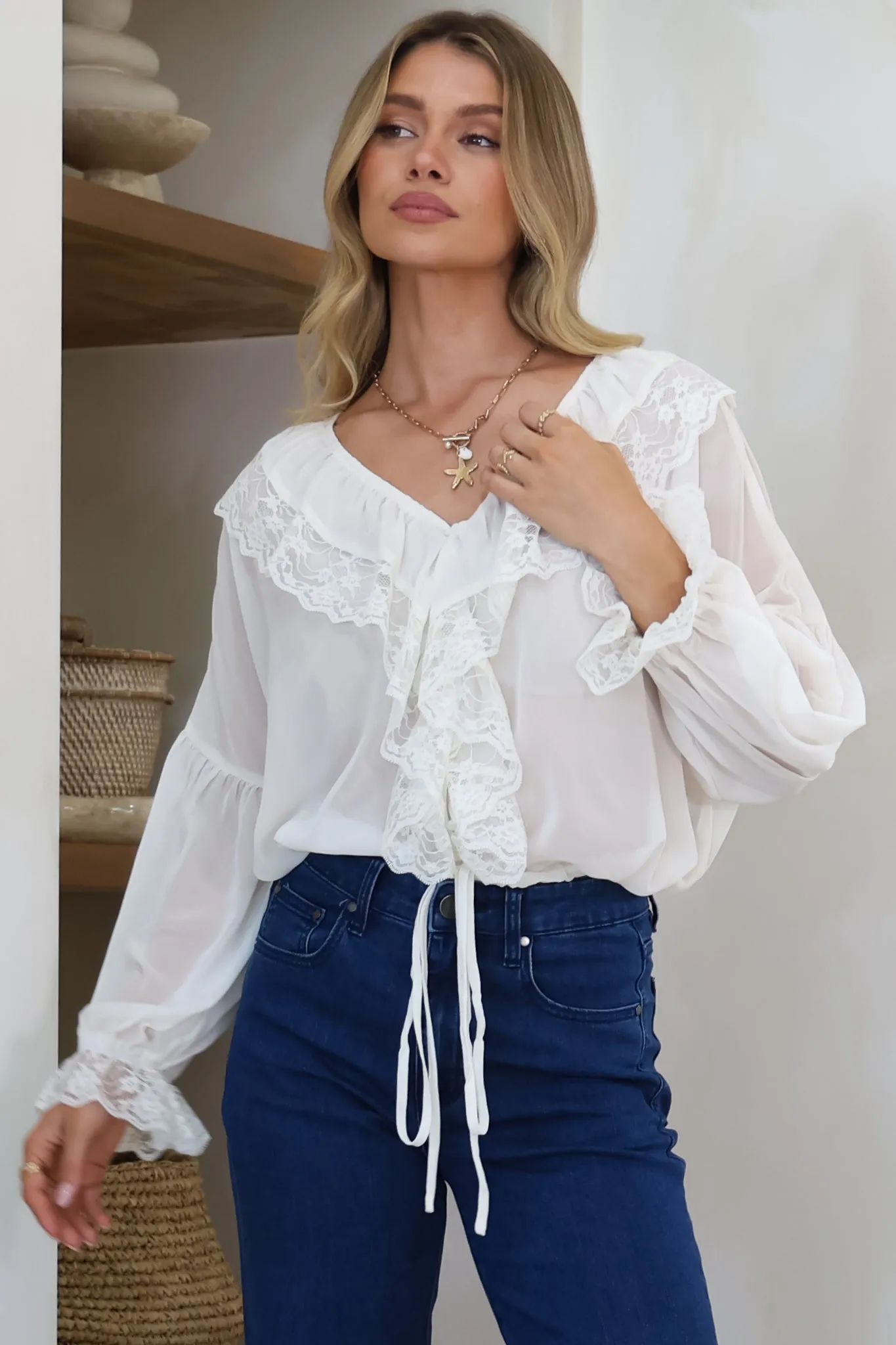 Mallin Blouse - Cascading Ruffles and Lace Crop with Balloon Sleeves in White sold by Salty Crush product image thumbnail 3