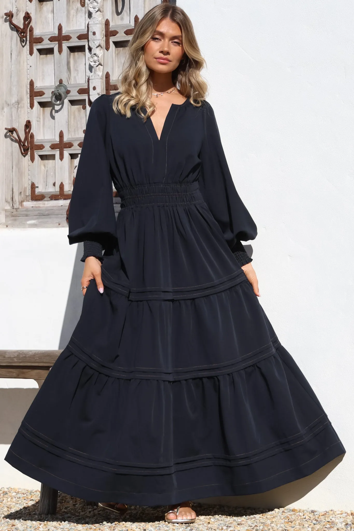 Dara Maxi Dress - Mandarin Collar Tiered Dress with Pockets in Navy sold by Salty Crush product image thumbnail 2