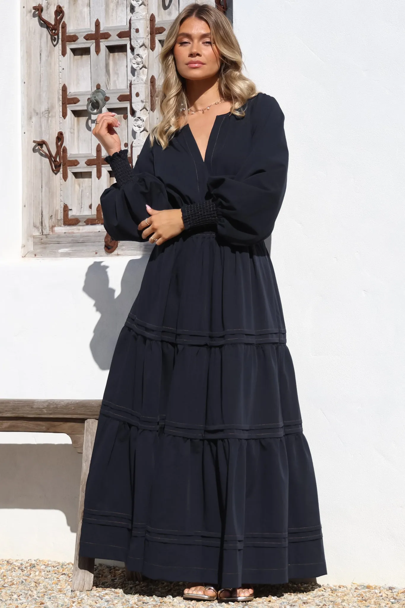 Dara Maxi Dress - Mandarin Collar Tiered Dress with Pockets in Navy sold by Salty Crush product image thumbnail 5