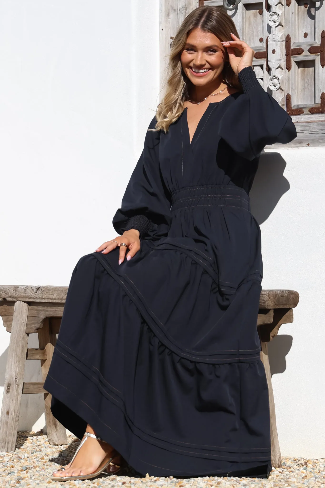 Dara Maxi Dress - Mandarin Collar Tiered Dress with Pockets in Navy sold by Salty Crush product image thumbnail 4