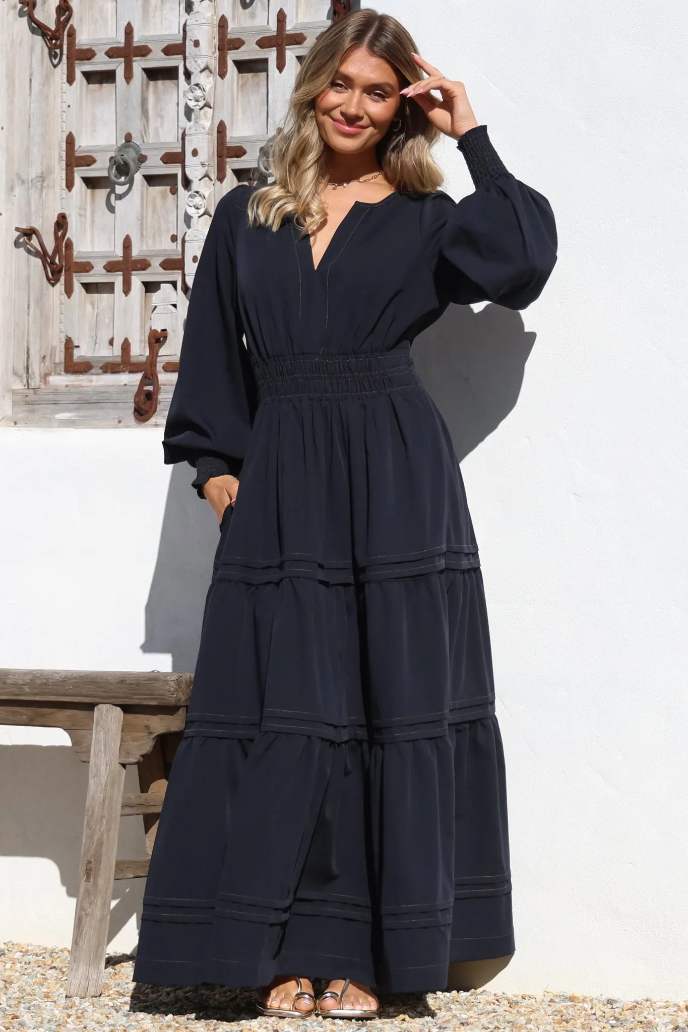 Dara Maxi Dress - Mandarin Collar Tiered Dress with Pockets in Navy sold by Salty Crush