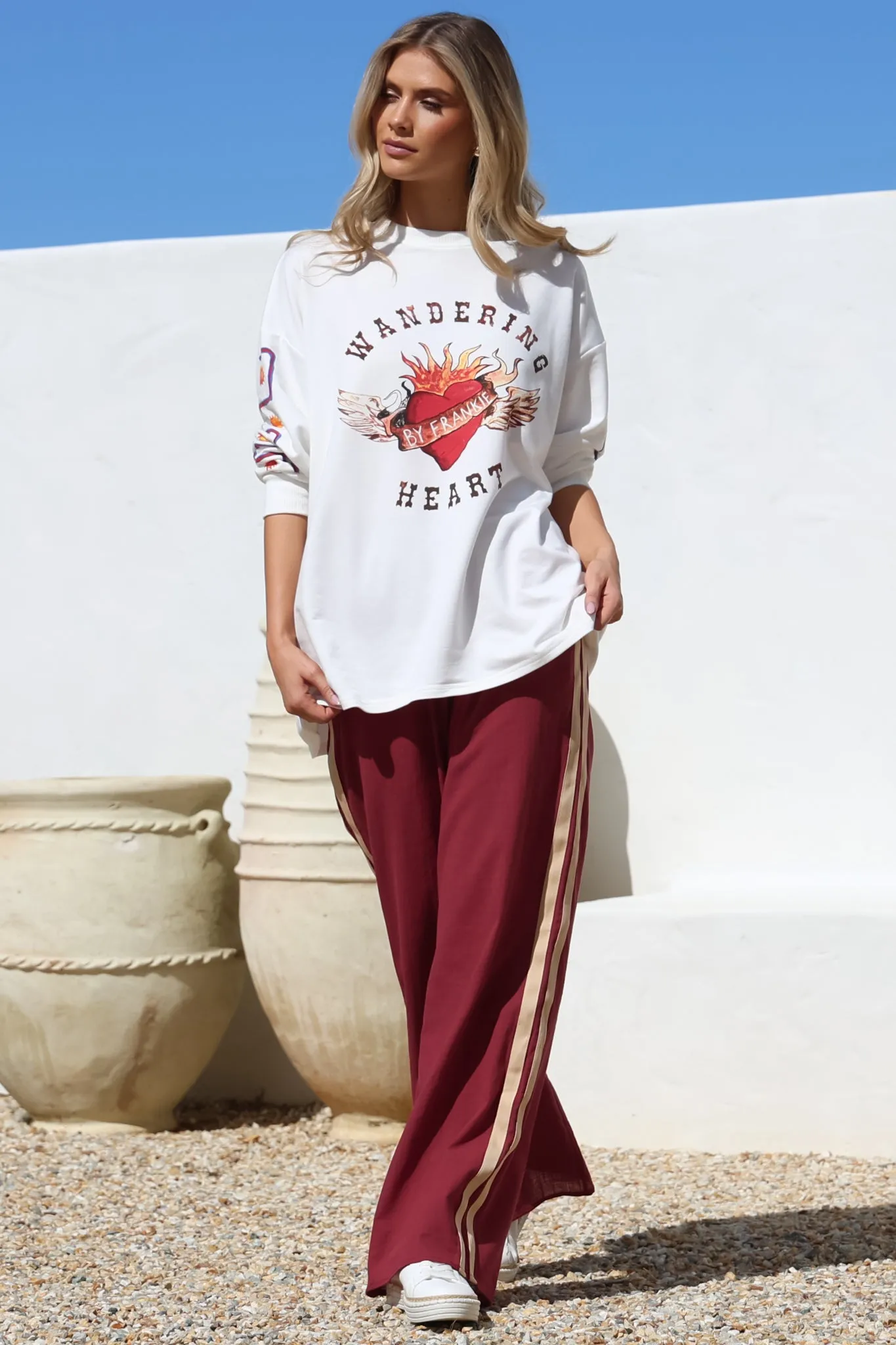 Wandering Heart Set - Graphic Long Sleeve Top and Pants with Stripe Accent in Red sold by Salty Crush product image thumbnail 4