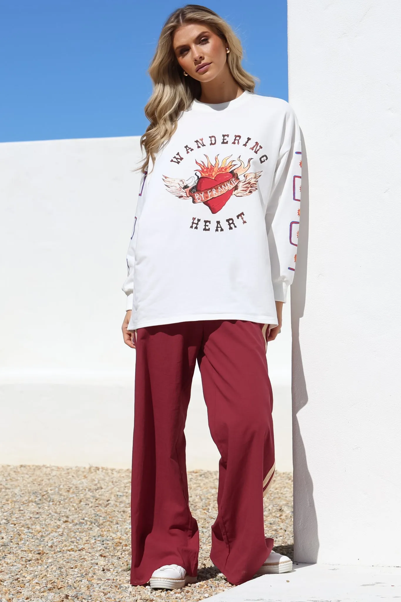 Wandering Heart Set - Graphic Long Sleeve Top and Pants with Stripe Accent in Red sold by Salty Crush