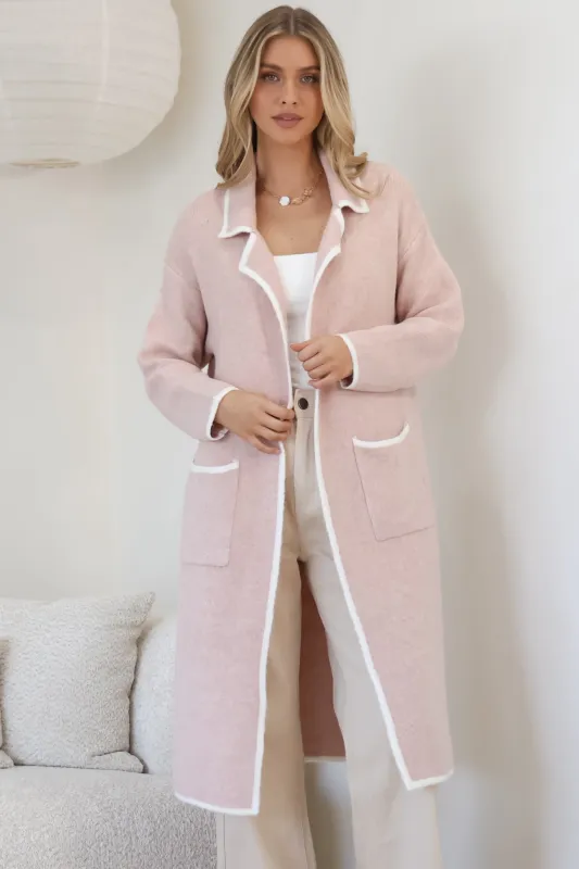 Boston Cardigan - Collared Contrast Hem Cardigan with Pockets in Pink sold by Salty Crush