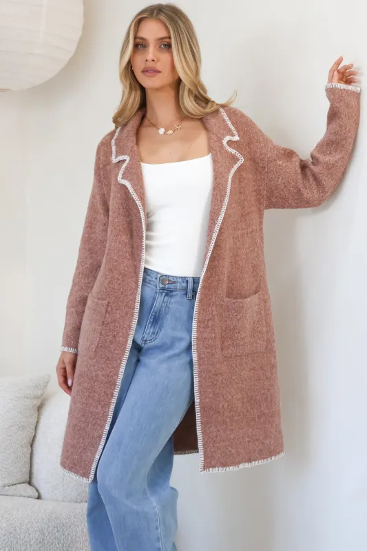 Kinny Cardigan - Collared Contrast Stiching Cardigan in Cinnamon sold by Salty Crush