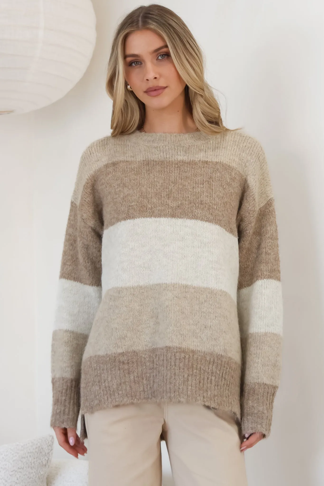 Elle Jumper - Crew Neck Stripe Jumper in Beige sold by Salty Crush product image thumbnail 5