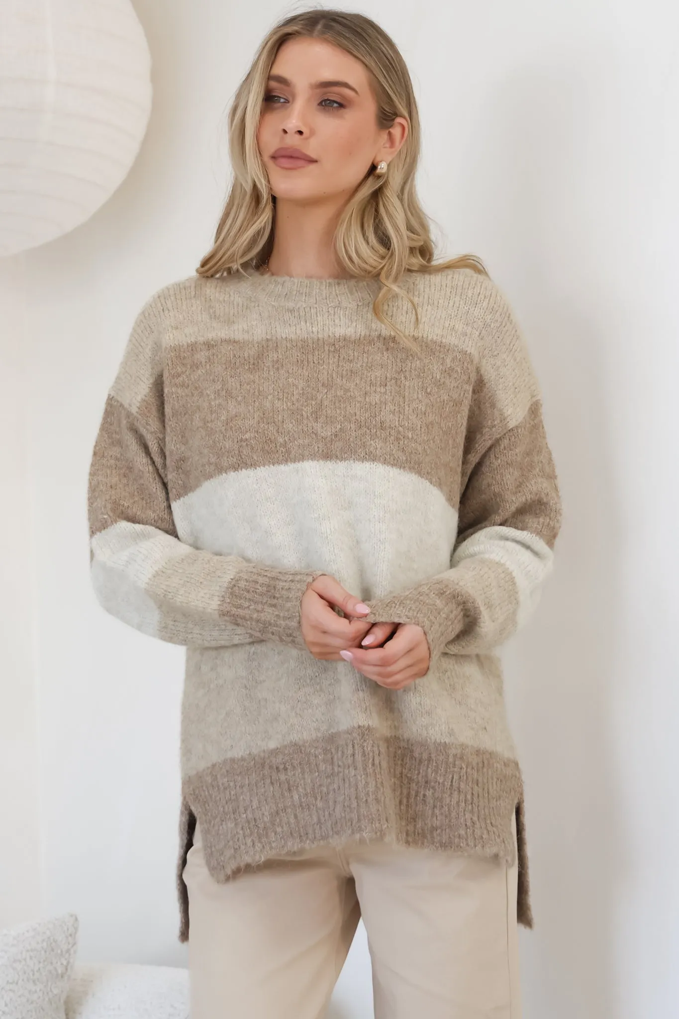 Elle Jumper - Crew Neck Stripe Jumper in Beige sold by Salty Crush product image thumbnail 4