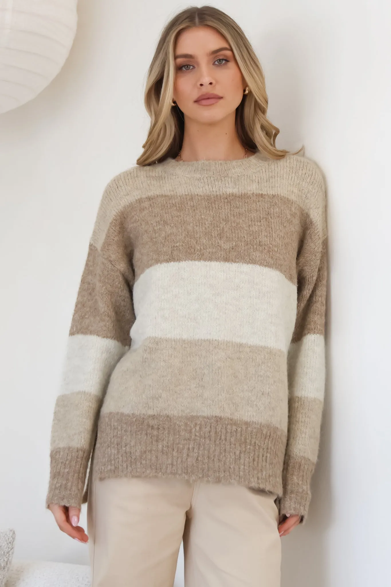Elle Jumper - Crew Neck Stripe Jumper in Beige sold by Salty Crush