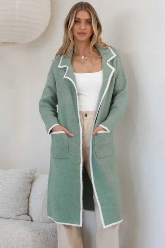 Boston Cardigan - Collared Contrast Hem Cardigan with Pockets in Green sold by Salty Crush