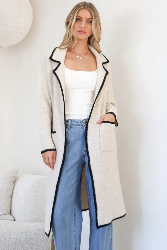 Boston Cardigan - Collared Contrast Hem Cardigan with Pockets in Oat/Black sold by Salty Crush