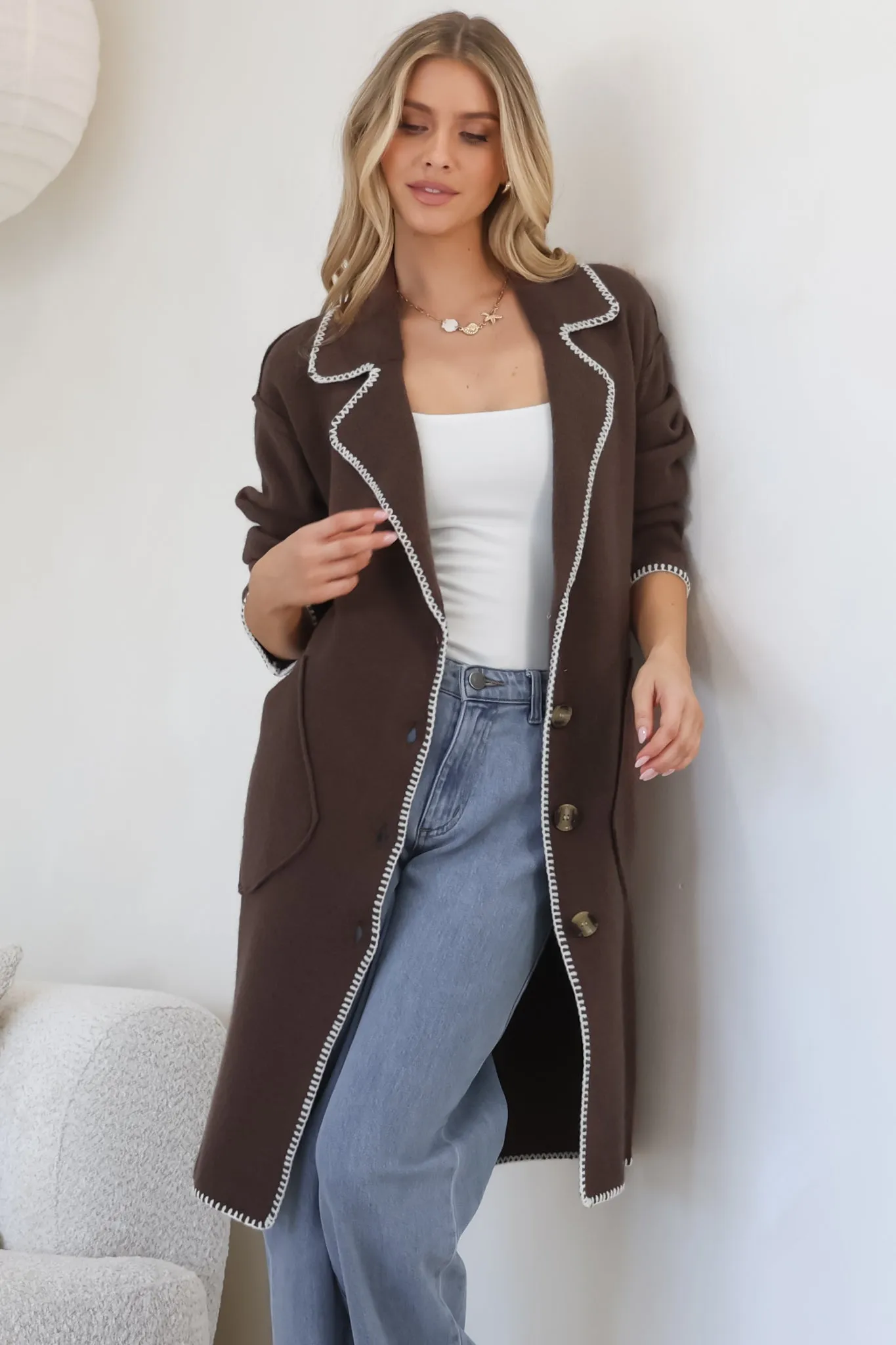 Wrenley Cardigan - Collared Contrast Stitching Buttoned Cardigan in Chocolate sold by Salty Crush product image thumbnail 5