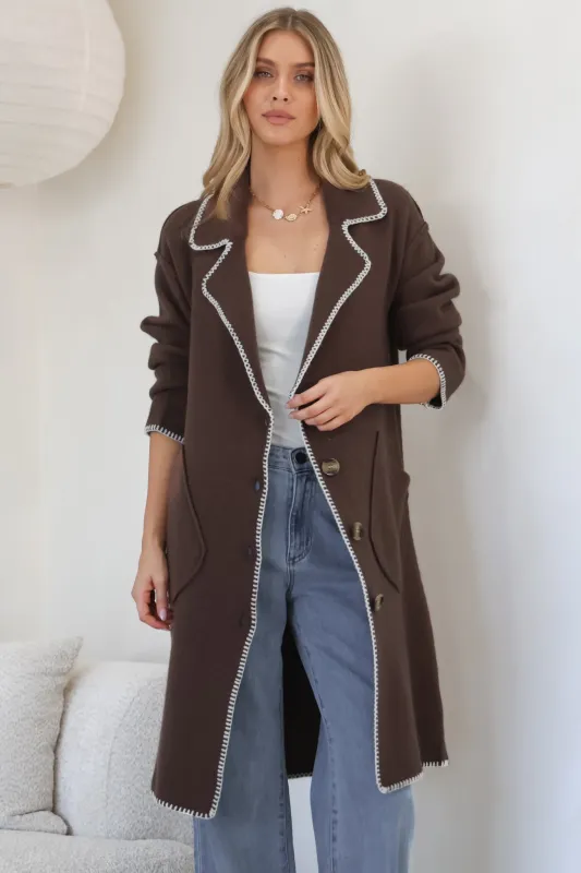 Wrenley Cardigan - Collared Contrast Stitching Buttoned Cardigan in Chocolate sold by Salty Crush