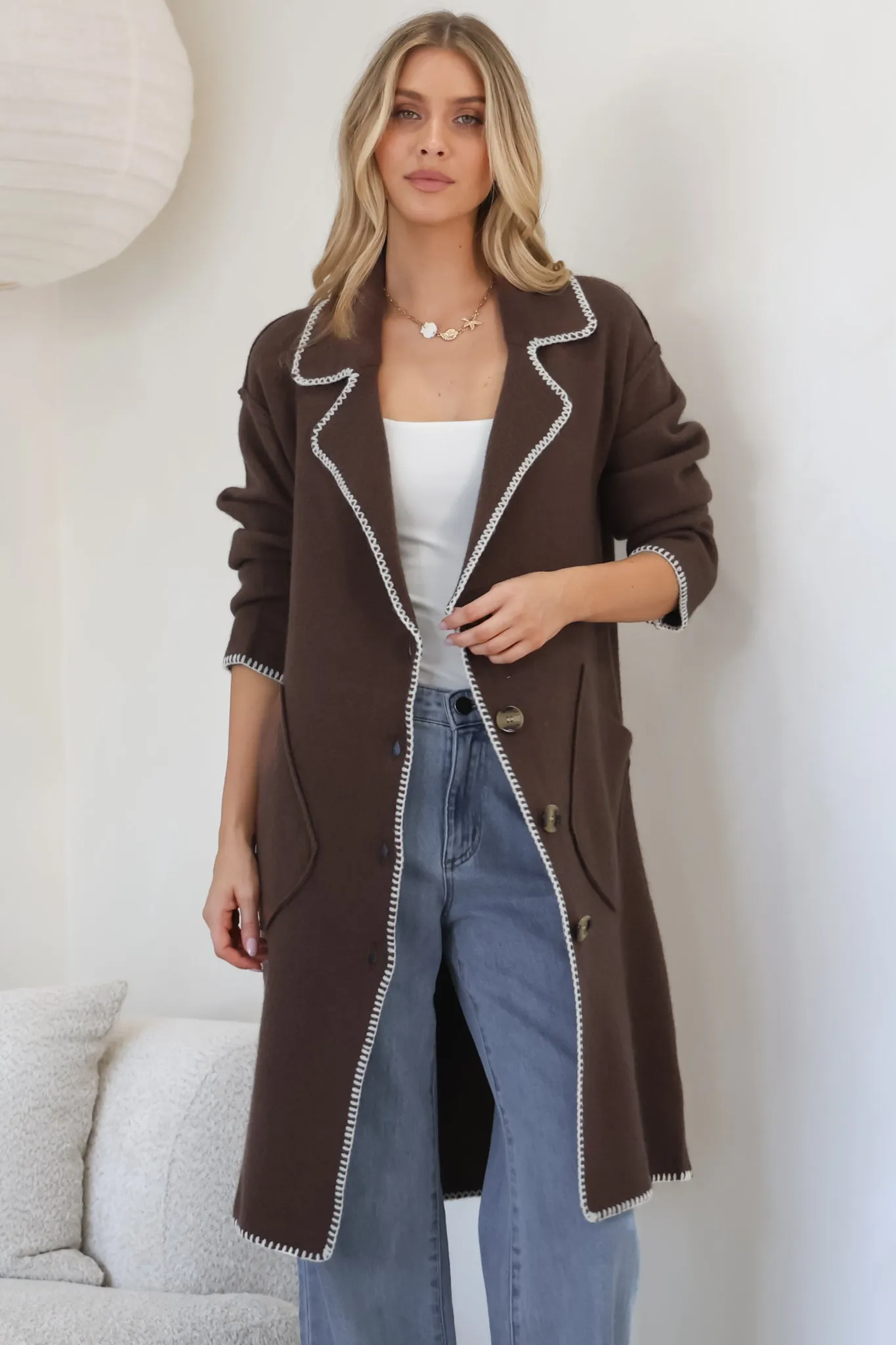 Wrenley Cardigan - Collared Contrast Stitching Buttoned Cardigan in Chocolate sold by Salty Crush