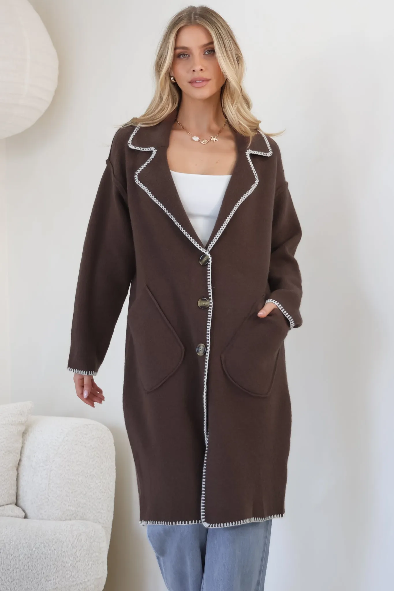 Wrenley Cardigan - Collared Contrast Stitching Buttoned Cardigan in Chocolate sold by Salty Crush product image thumbnail 2