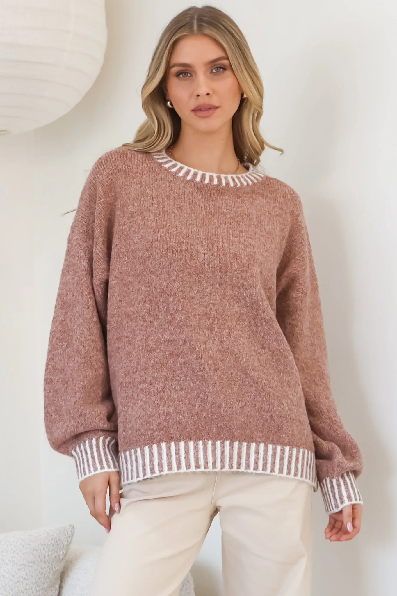 Aura Jumper - Crew Neck Jumper with Contrast Stripe Trim in Cinnamon sold by Salty Crush product image thumbnail 2