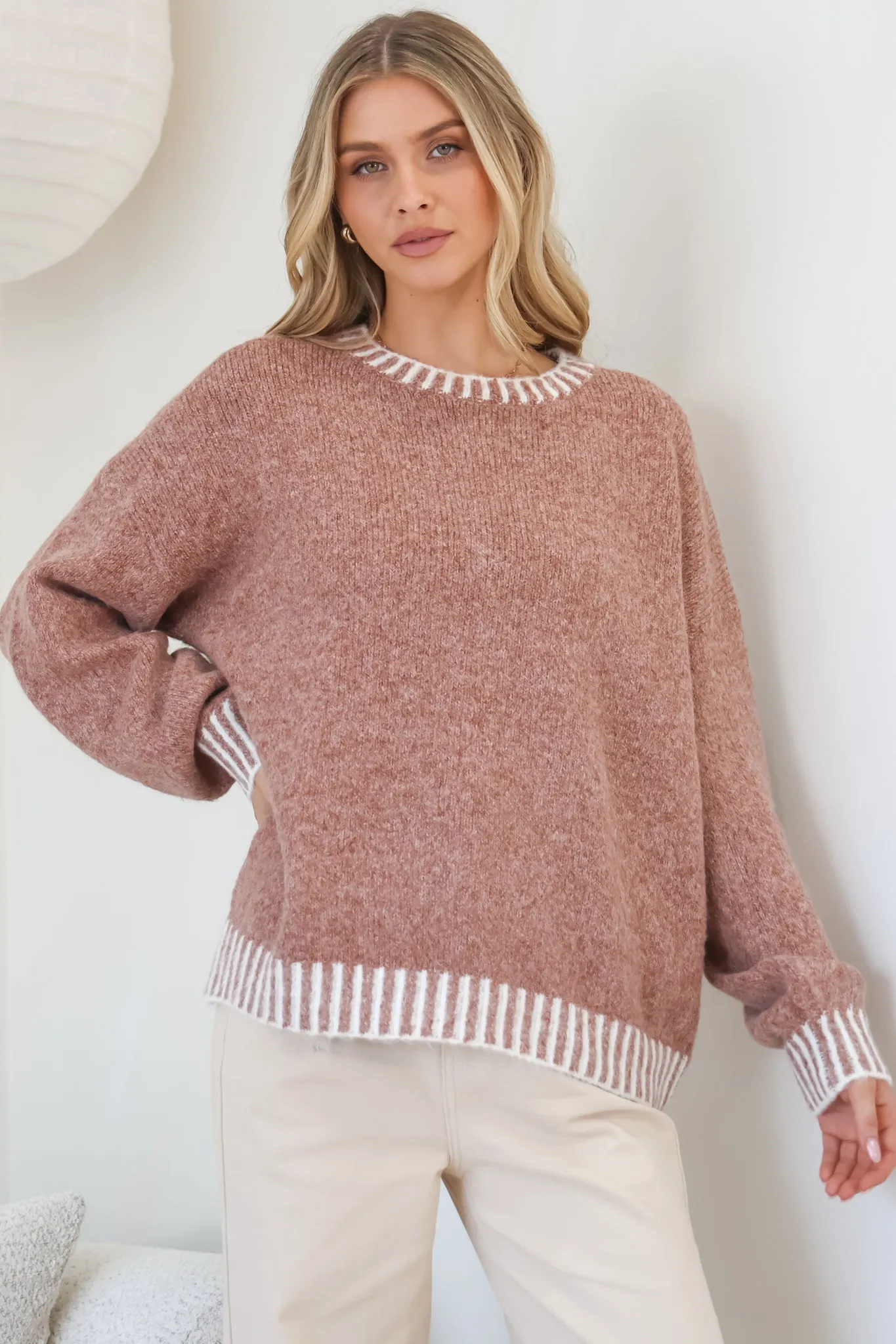 Aura Jumper - Crew Neck Jumper with Contrast Stripe Trim in Cinnamon sold by Salty Crush product image thumbnail 5