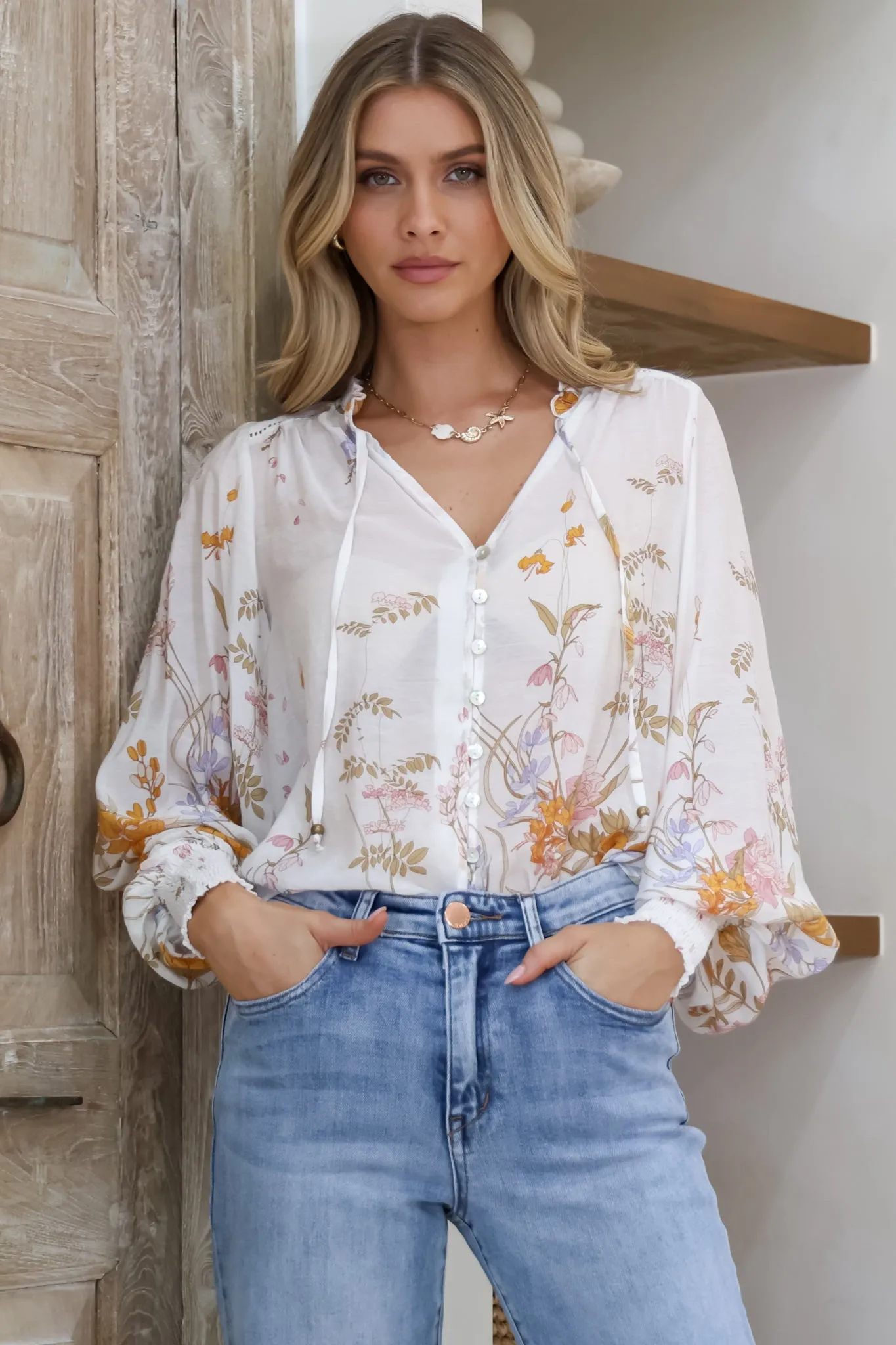 Violet Blouse - Frill Collar Button Down Balloon Sleeve Blouse In Sheree Print sold by Salty Crush product image thumbnail 2