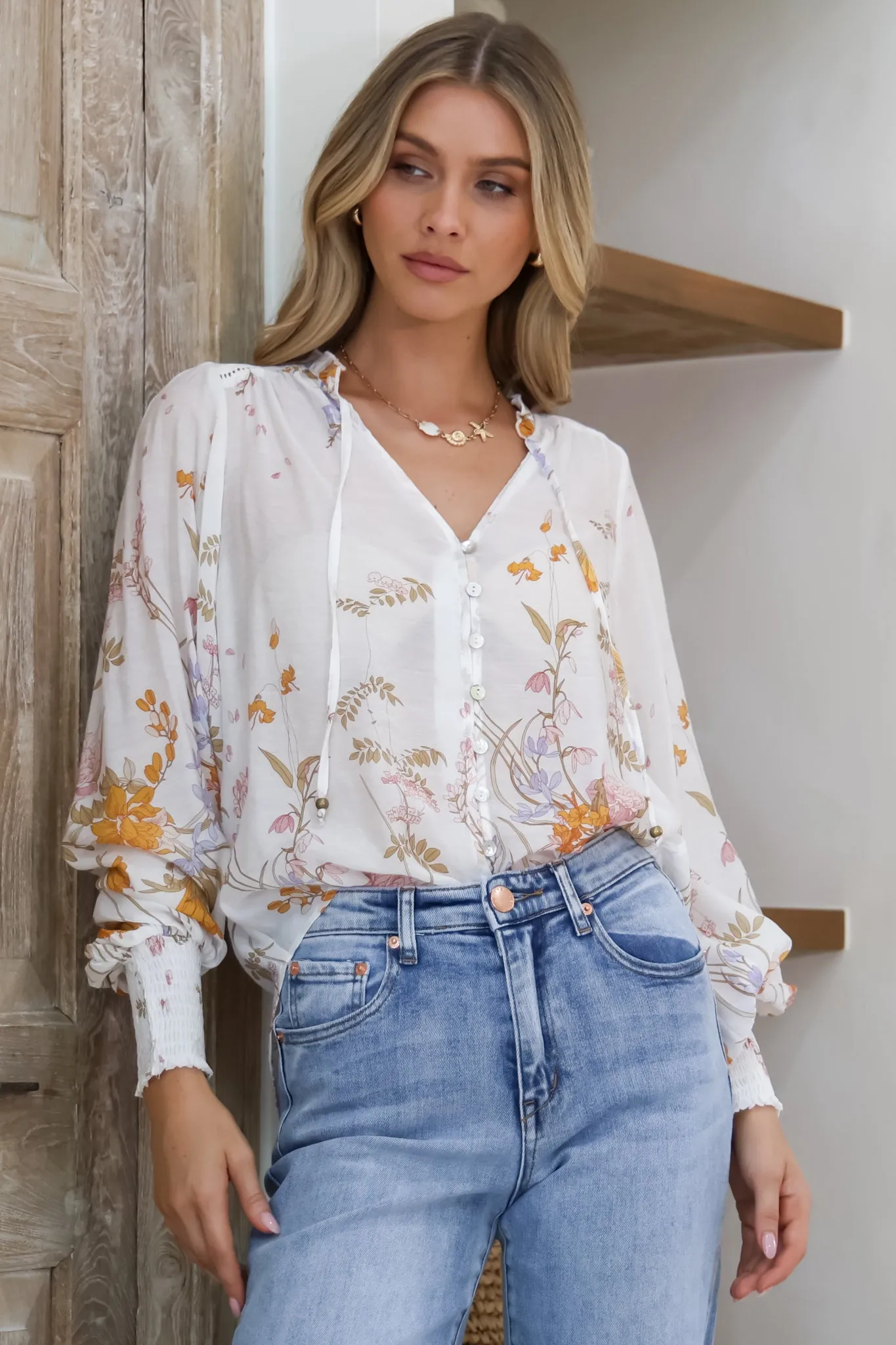 Violet Blouse - Frill Collar Button Down Balloon Sleeve Blouse In Sheree Print sold by Salty Crush product image thumbnail 4