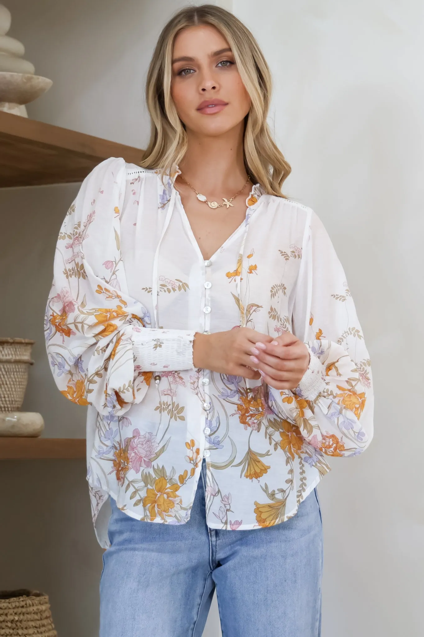 Violet Blouse - Frill Collar Button Down Balloon Sleeve Blouse In Sheree Print sold by Salty Crush product image thumbnail 5