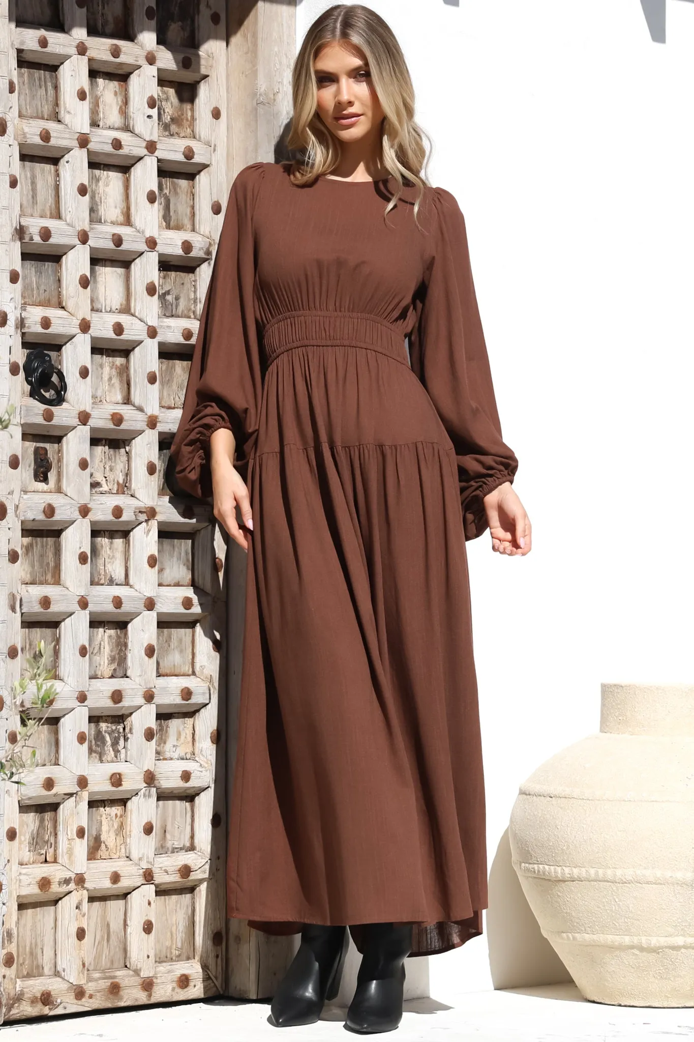 Sheyne Maxi Dress - Long Balloon Sleeve Elasticated Waist A Line Dress in Brown sold by Salty Crush product image thumbnail 4