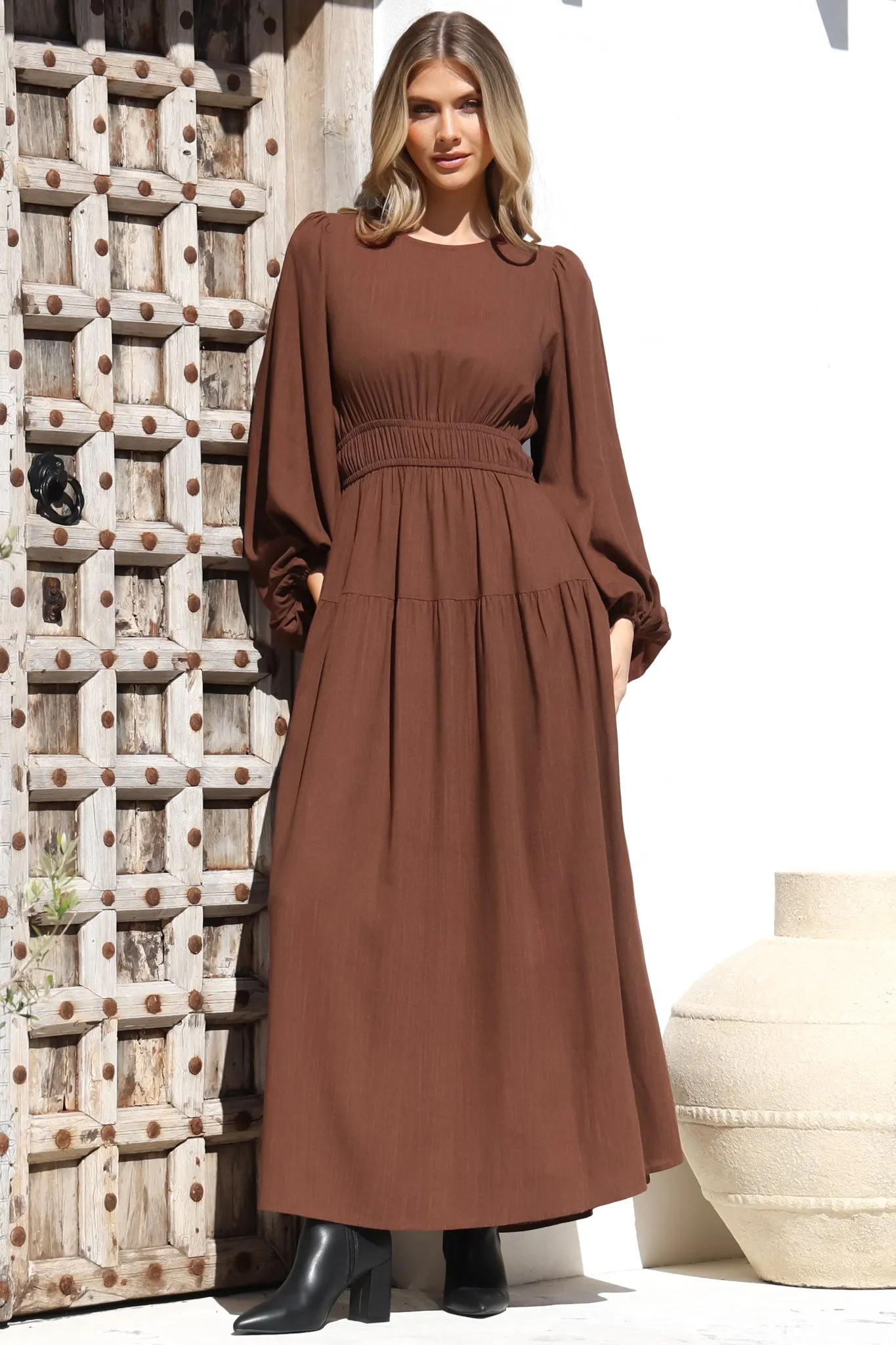 Sheyne Maxi Dress - Long Balloon Sleeve Elasticated Waist A Line Dress in Brown sold by Salty Crush product image thumbnail 2