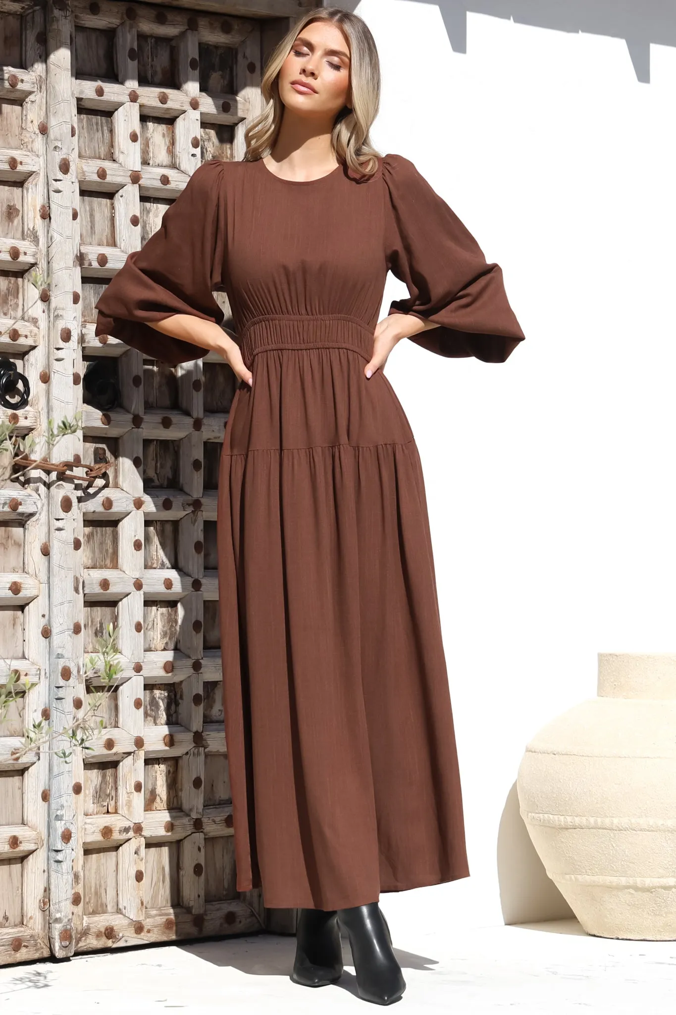 Sheyne Maxi Dress - Long Balloon Sleeve Elasticated Waist A Line Dress in Brown sold by Salty Crush product image thumbnail 5