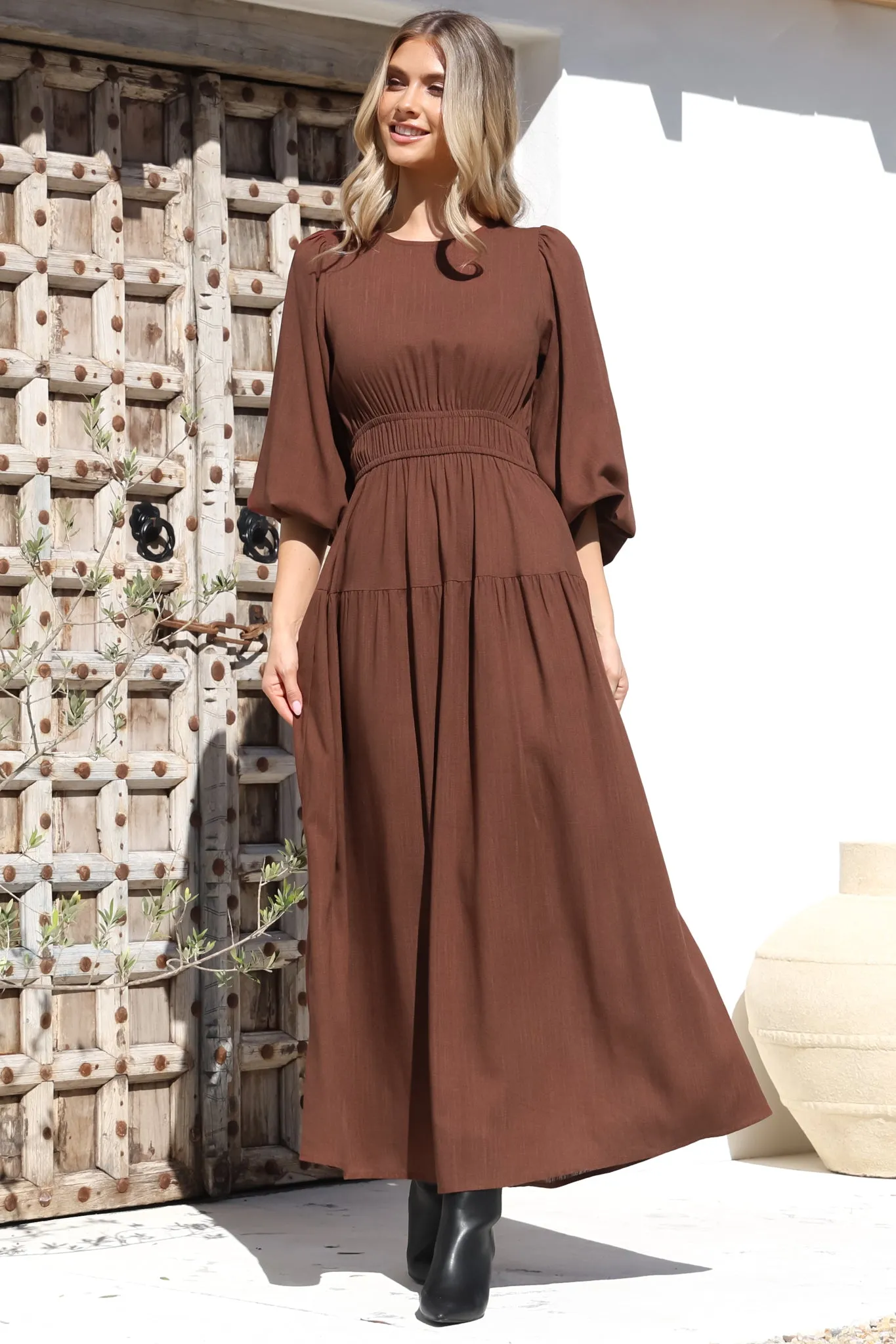 Sheyne Maxi Dress - Long Balloon Sleeve Elasticated Waist A Line Dress in Brown sold by Salty Crush product image thumbnail 3