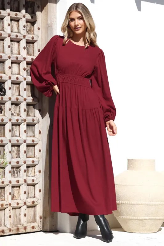 Sheyne Maxi Dress - Long Balloon Sleeve Elasticated Waist A Line Dress in Wine sold by Salty Crush