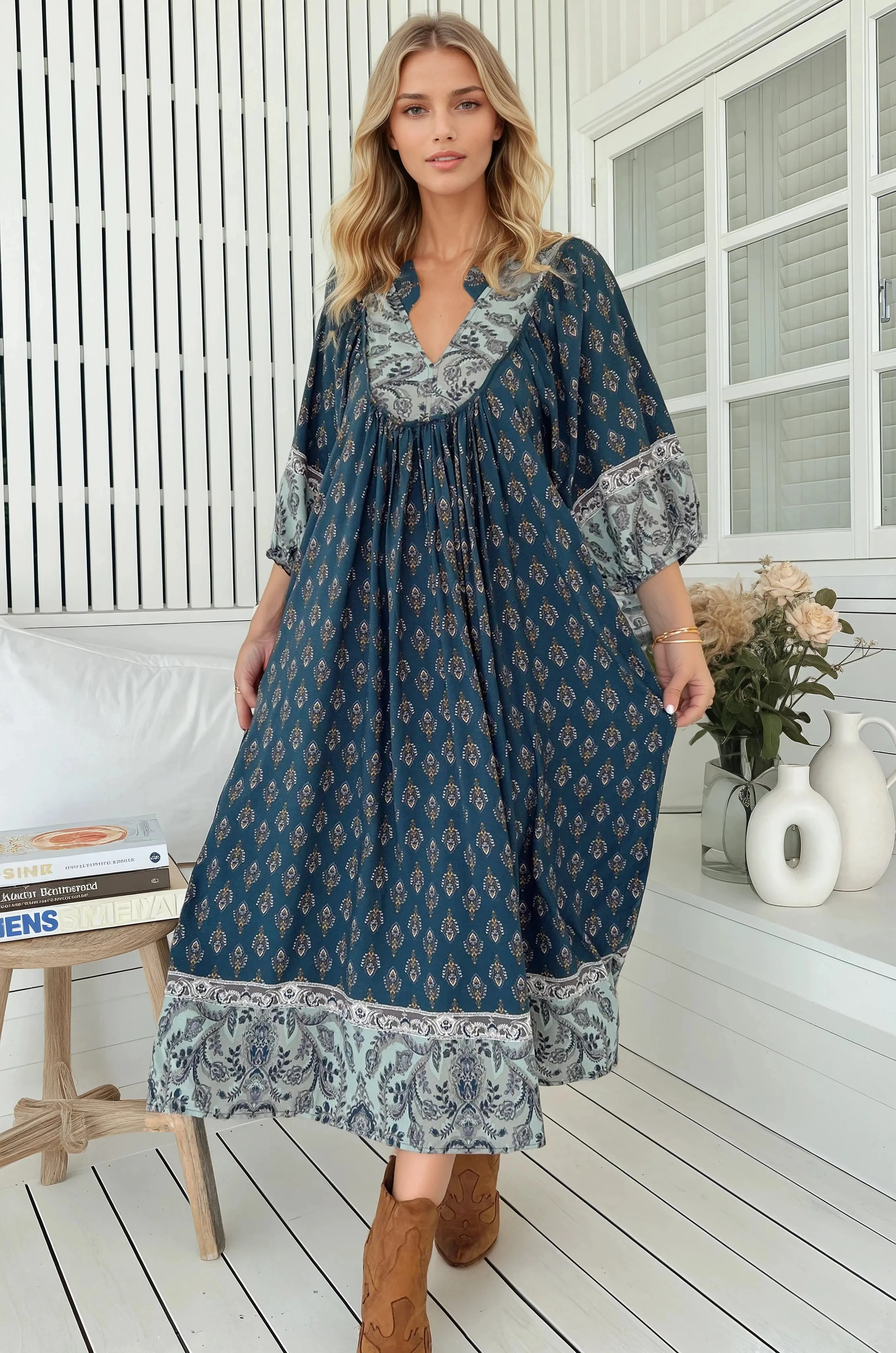 Boheme Midi Dress - Piping Defined Bust Slimline Smock Dress in Nico Print sold by Salty Crush product image thumbnail 3