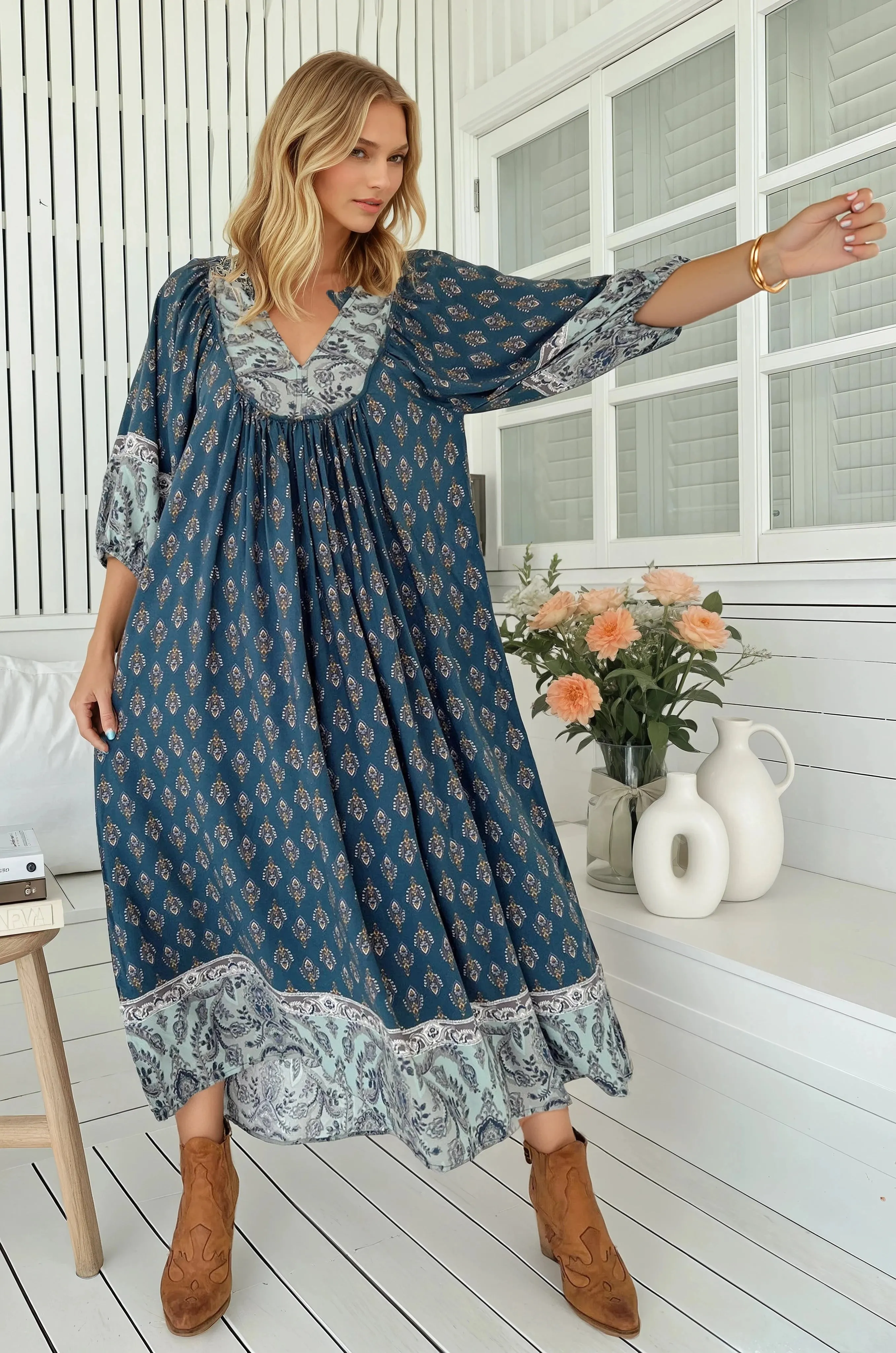 Boheme Midi Dress - Piping Defined Bust Slimline Smock Dress in Nico Print sold by Salty Crush product image thumbnail 4