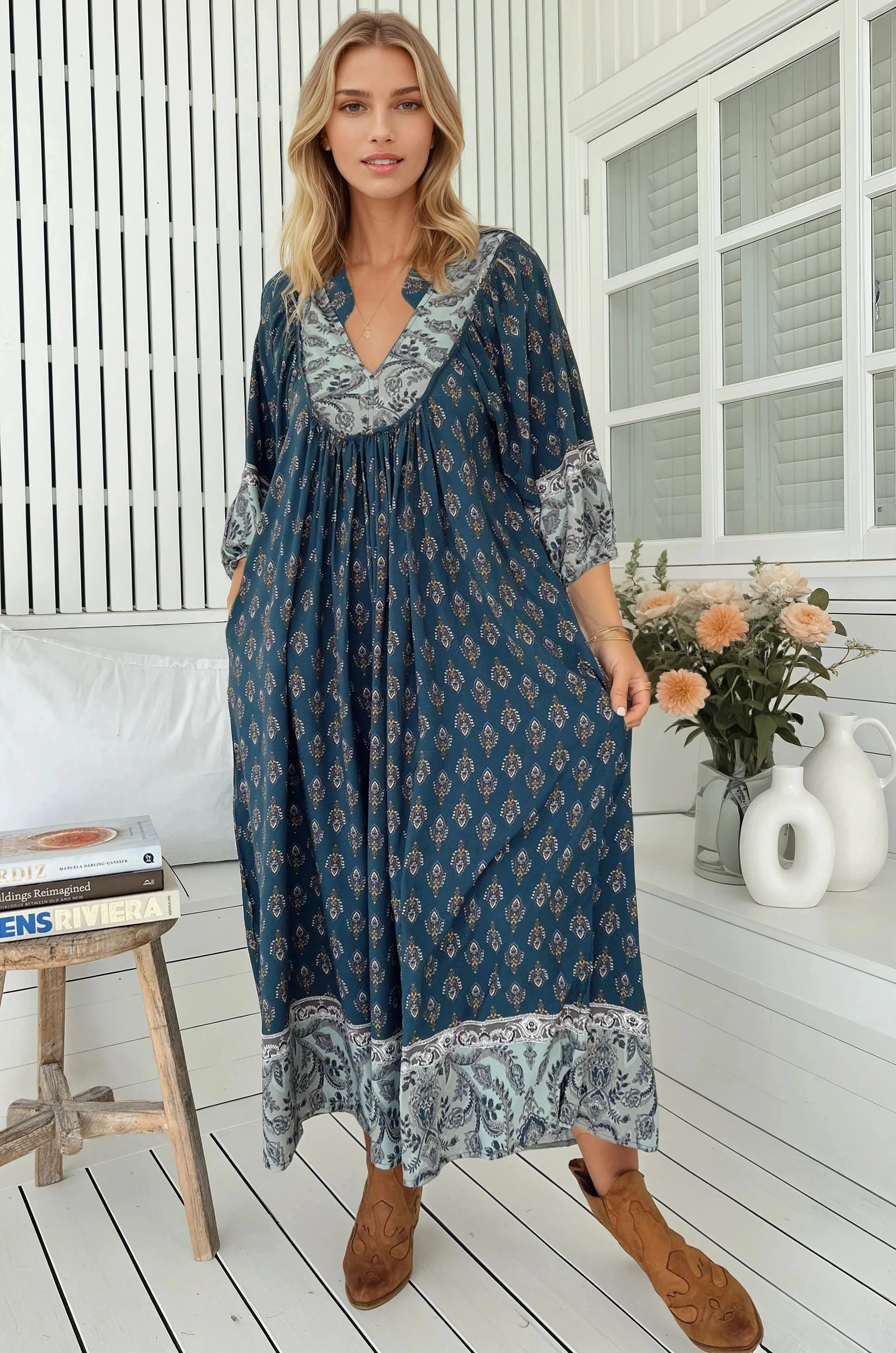 Boheme Midi Dress - Piping Defined Bust Slimline Smock Dress in Nico Print sold by Salty Crush