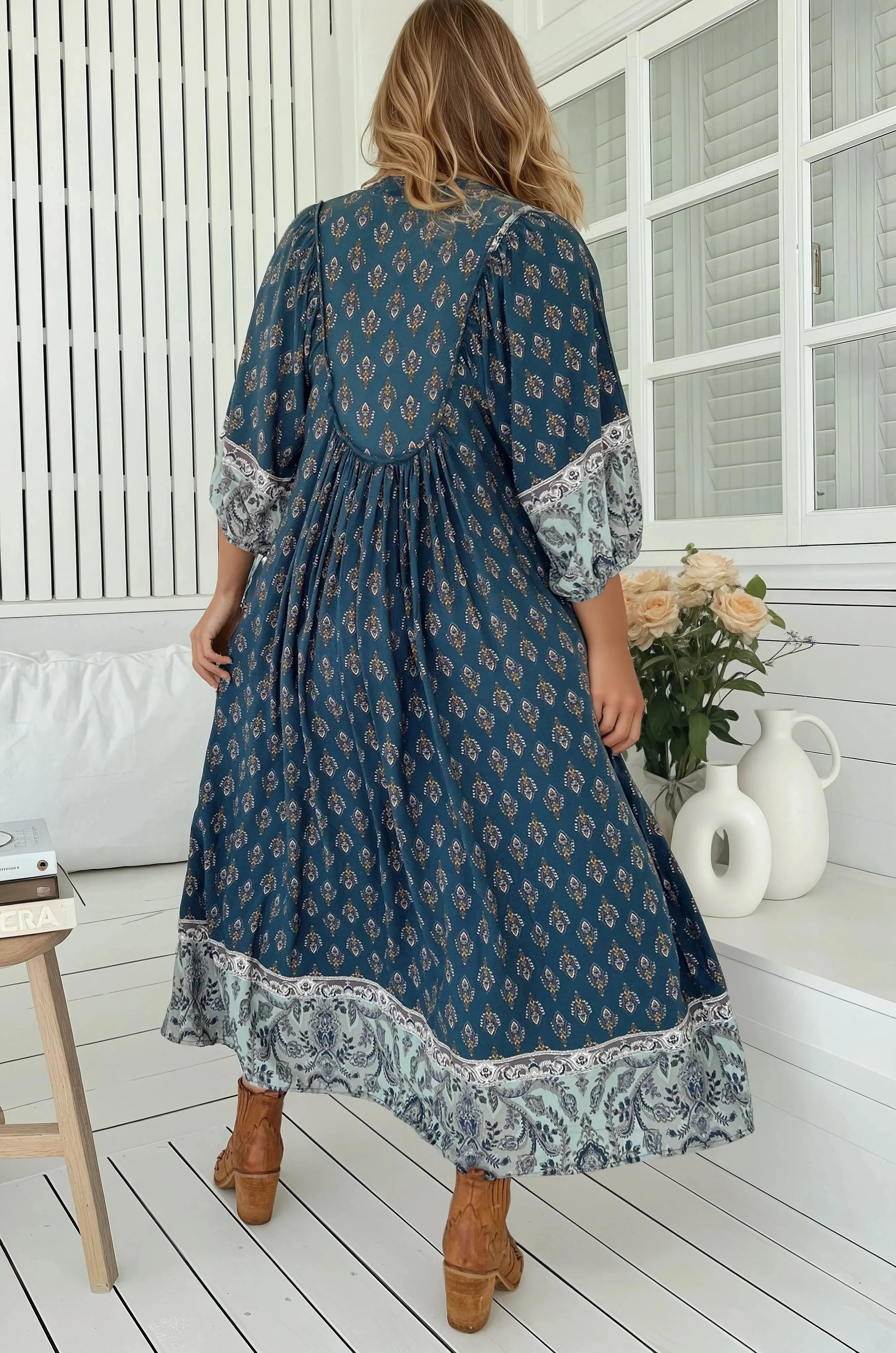 Boheme Midi Dress - Piping Defined Bust Slimline Smock Dress in Nico Print sold by Salty Crush product image thumbnail 5