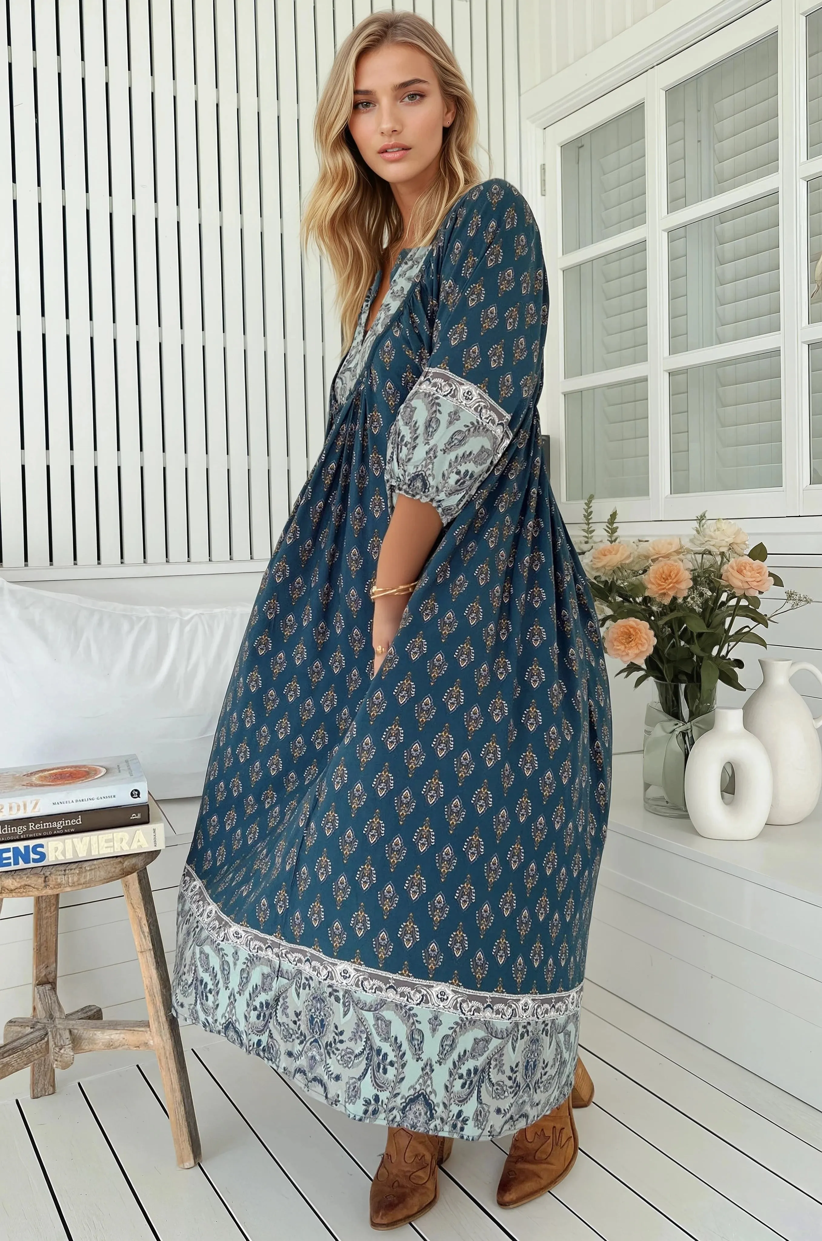 Boheme Midi Dress - Piping Defined Bust Slimline Smock Dress in Nico Print sold by Salty Crush product image thumbnail 2