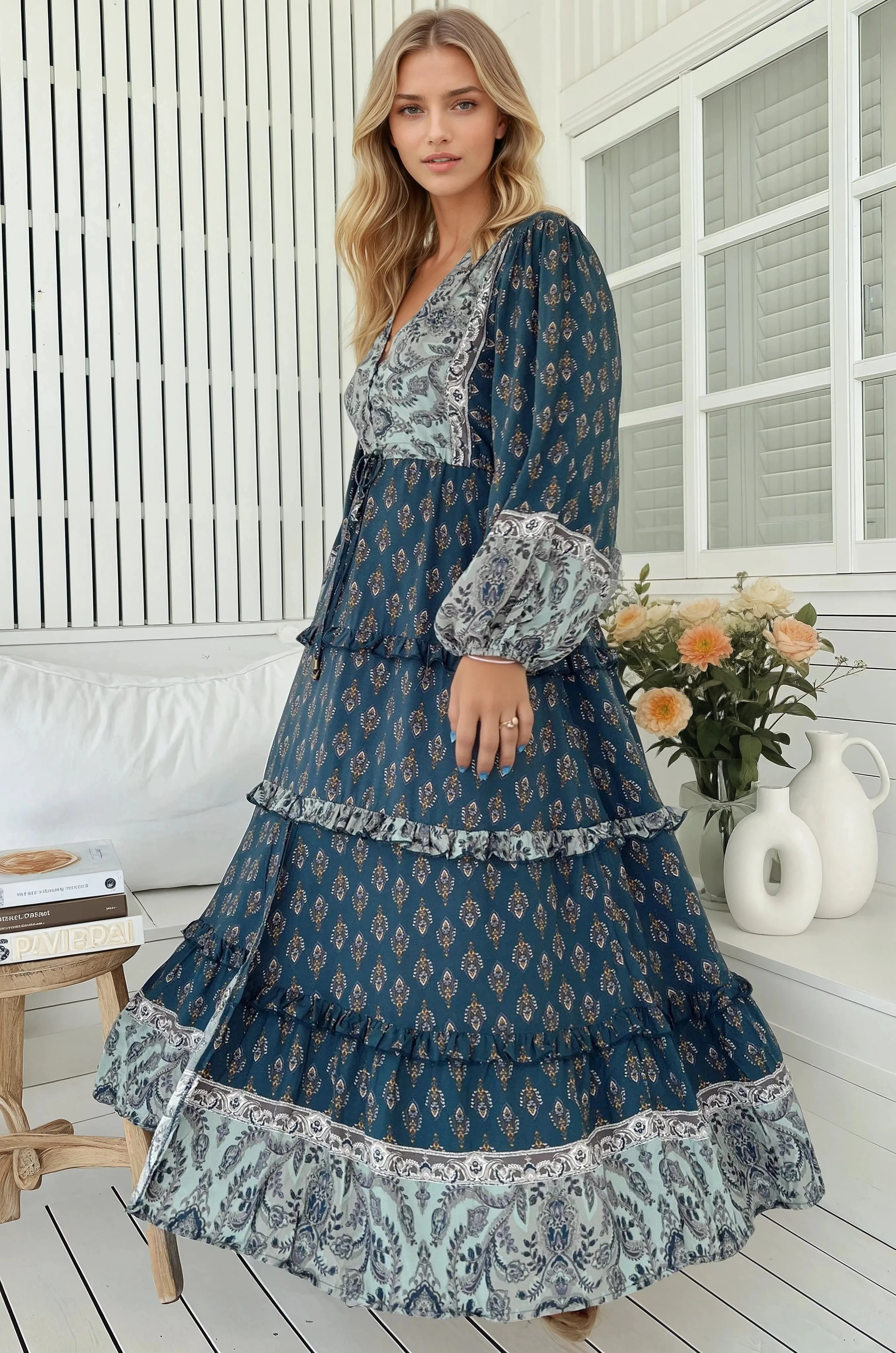 Luciana Maxi Dress - Pull Tie Waist Tiered Dress with Frill Splicing in Nico Print sold by Salty Crush