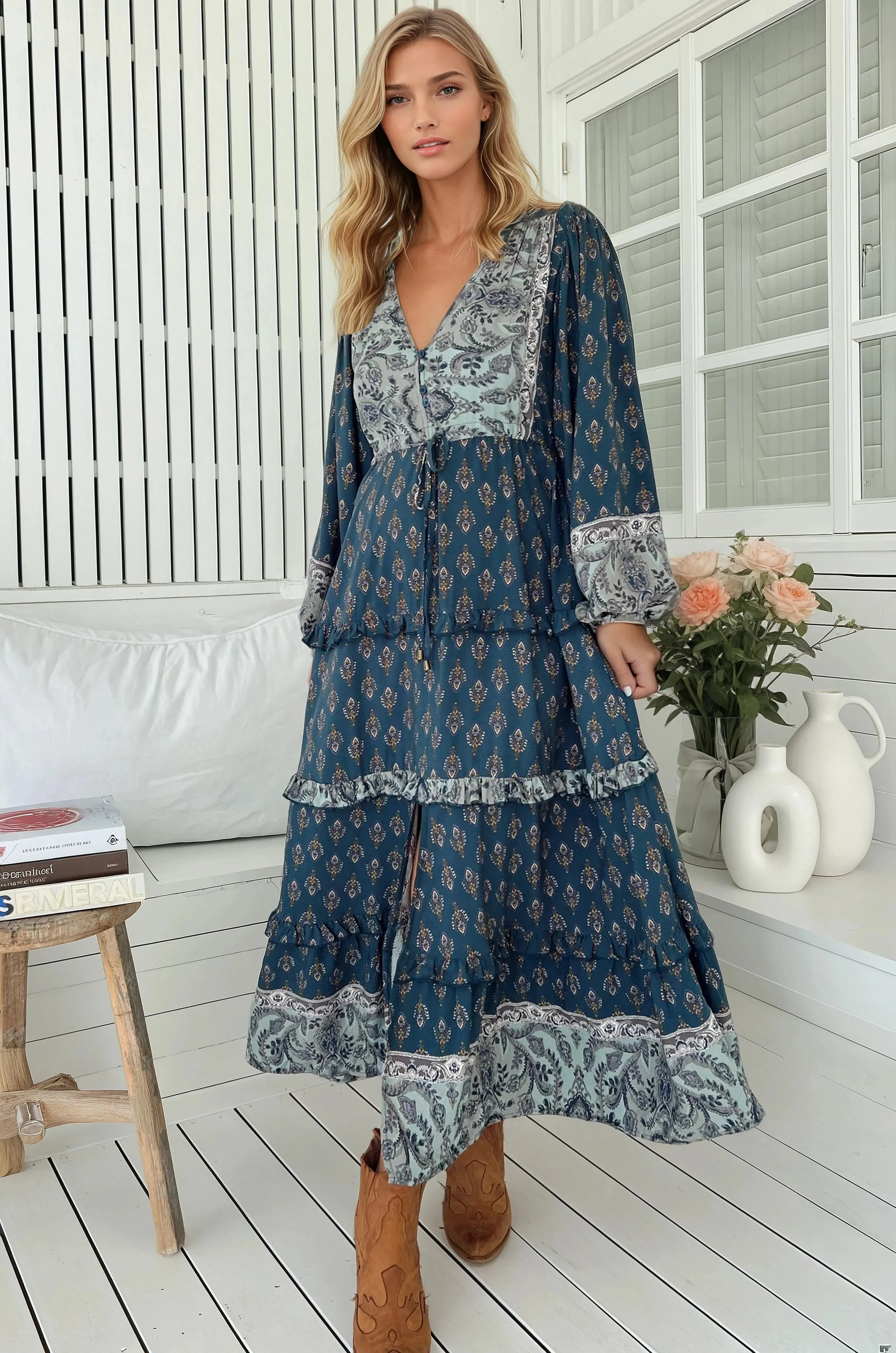 Luciana Maxi Dress - Pull Tie Waist Tiered Dress with Frill Splicing in Nico Print sold by Salty Crush product image thumbnail 3